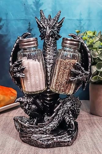 Miniatura 8 de Ebros Gift Juego de salero y pimentero gótico medieval, color negro, semimetálico, negro, estatua de 7.75 pulgadas de alto, figura de dragón de