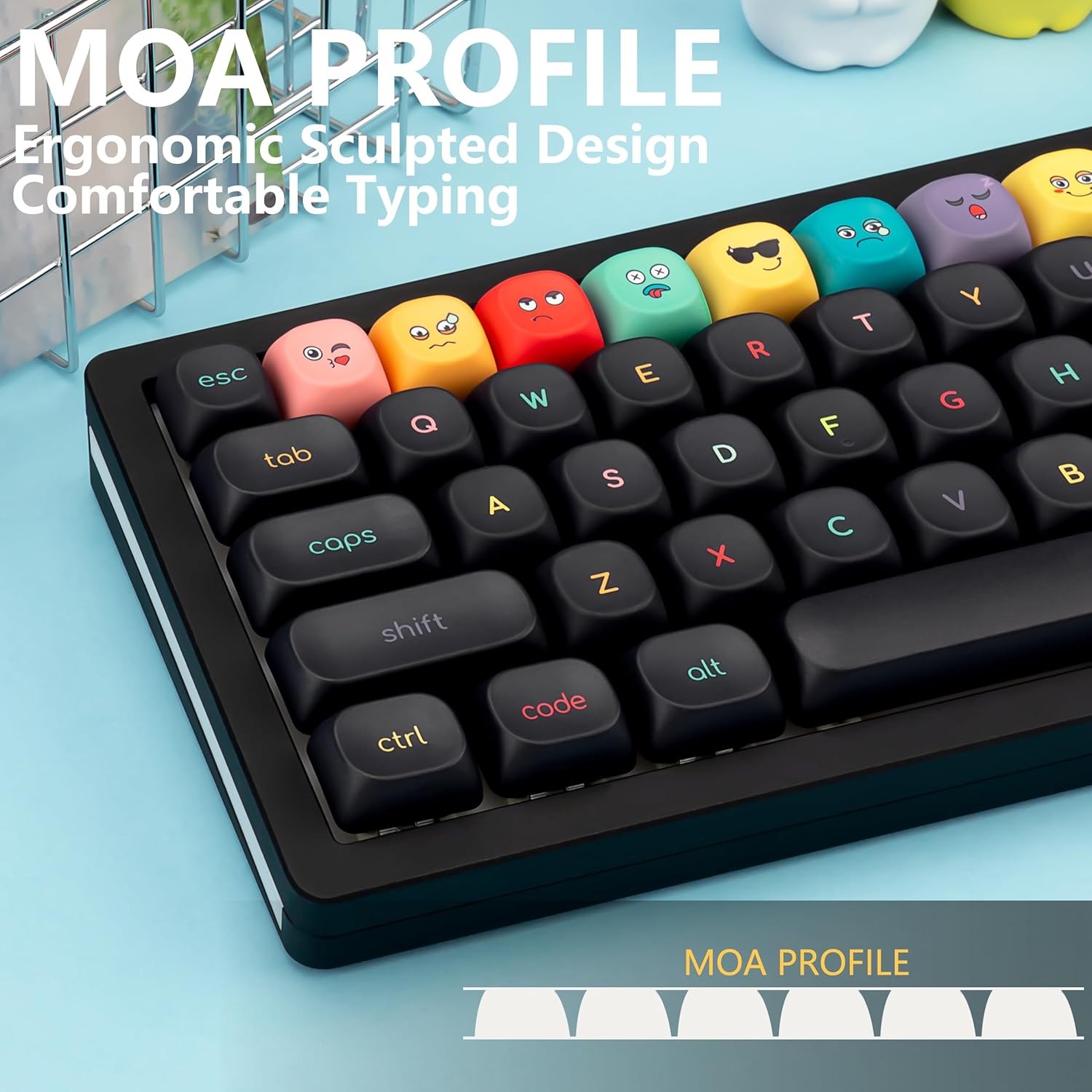 MOA Profile PBT Keycaps - 125 Keys Rainbow Emoji Theme Black Keycap Set, Dye-Sublimation, Cute Anime Theme for Most 60% 65% 75% 80% 100% US Layout Cherry MX Switches Mechanical Keyboard