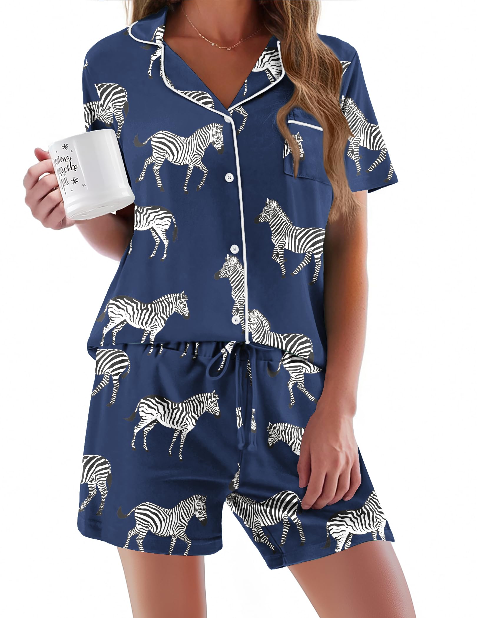 Ekouaer Pajamas Set for Women Short Sleeve Sleepwear Button Down Pj XS-XXXL | Summer 2 Piece Lounge Set, Soft Fabric, Drawstring Waistband, for Bridesmaid Bride Party, Plus Size, Petite, Cute Pattern