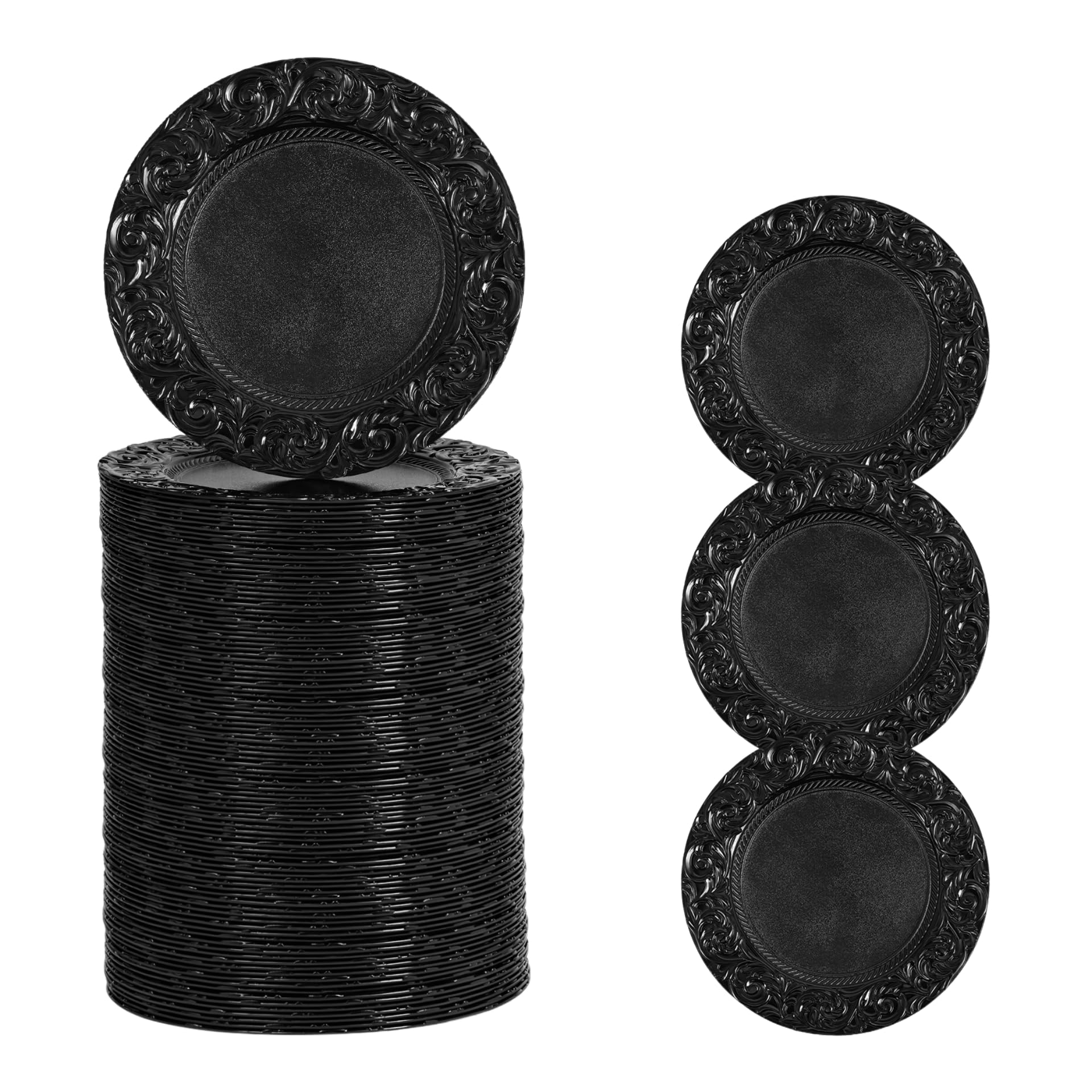 WoShewNu 150 Pcs Decorative Charger Plates Bulks, 13'' Round Plastic Dinner Chargers, Reusable Reef Serving Dishes for Dinner, Wedding, Catering, Parties, Restaurant, Home Decor (Black)