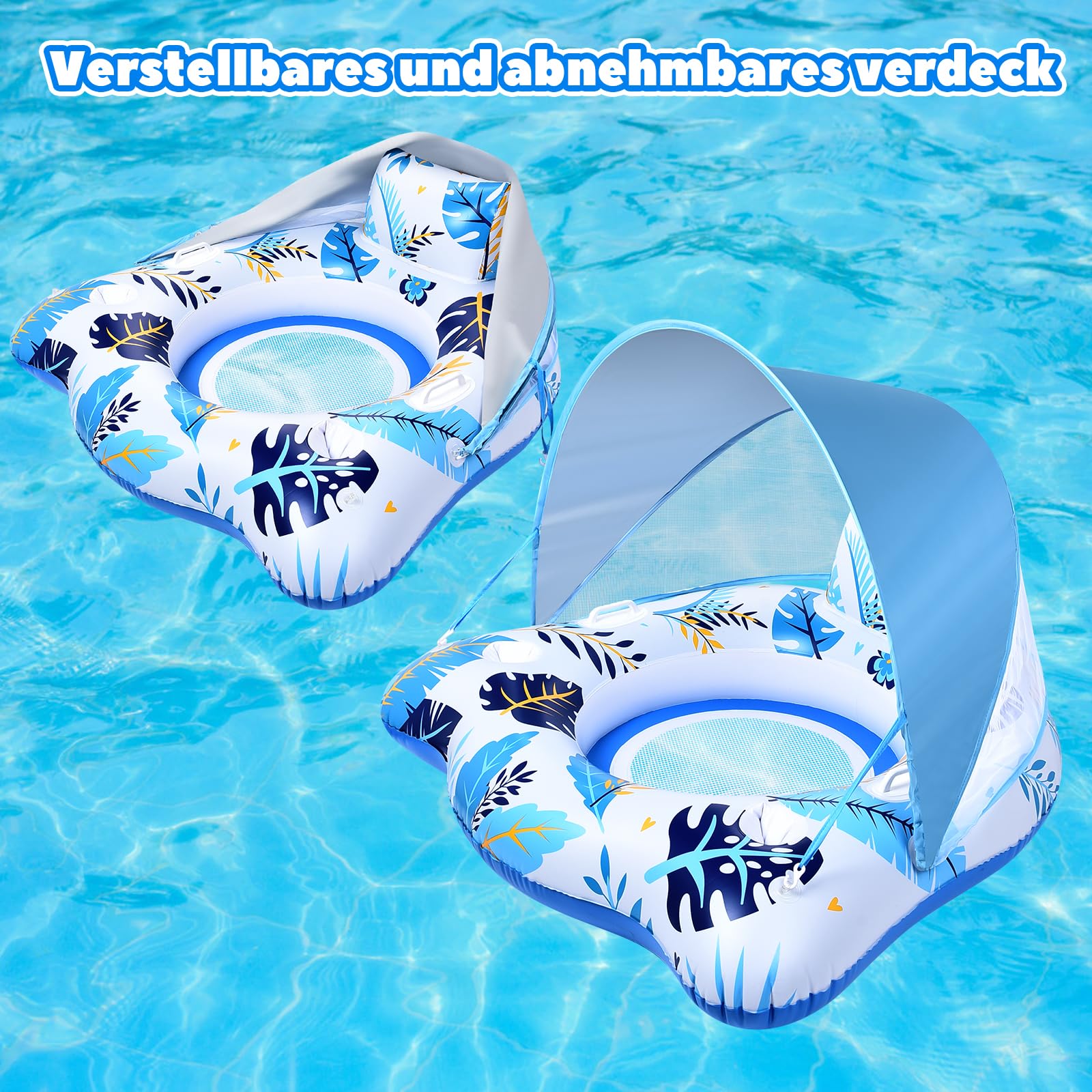 JONRRYIN Aufblasbare Pool Luftmatratze mit 2 Getränkehalter, Schwimmsessel Pool Erwachsene mit Verstellbarem Sonnendach und Rückenlehne, Float Aufblasbarer Schwimmring, Schwimmreifen Wasserspielzeug