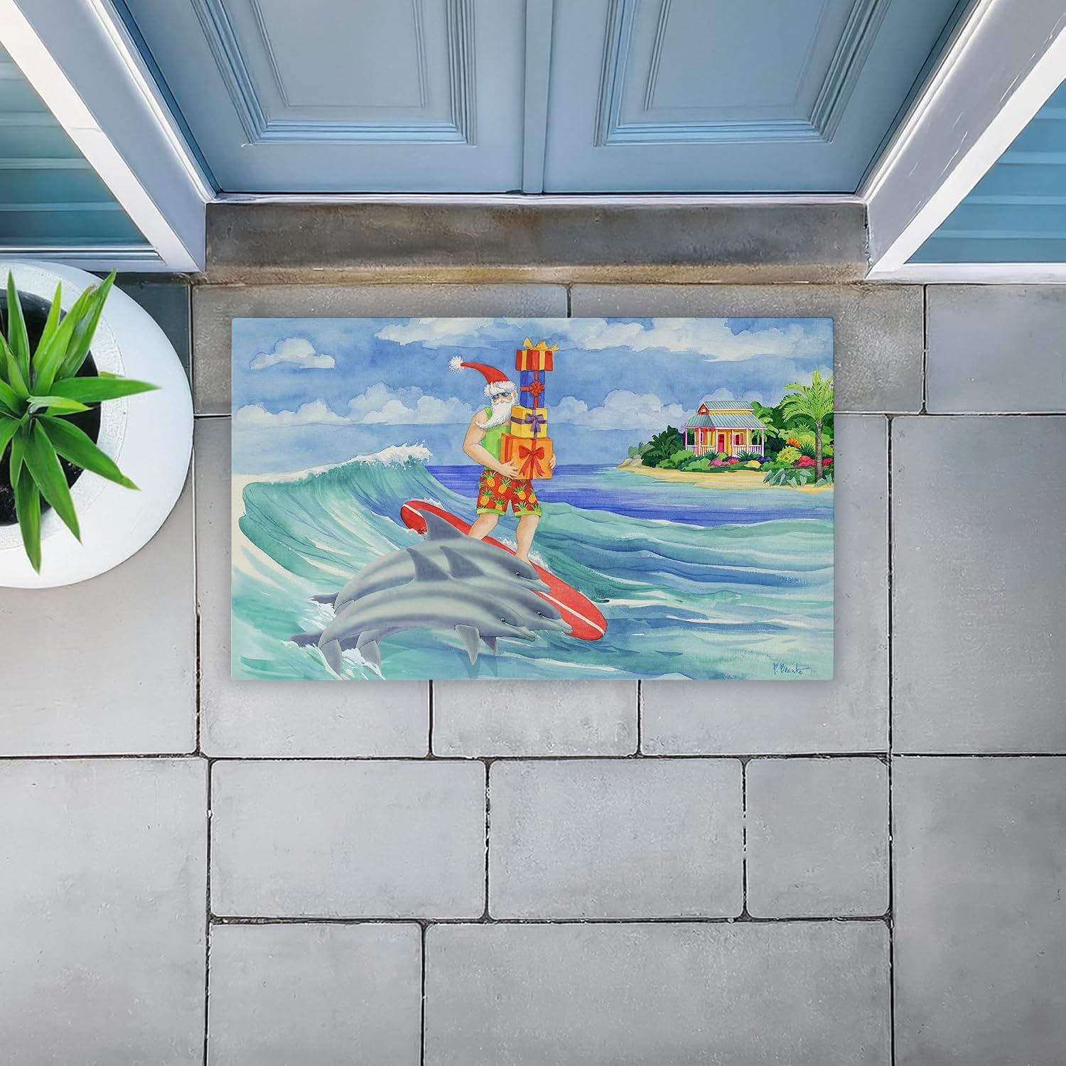 Stupell Industries Surfing Santa & Dolphins Outdoor Door Mat, Durable Non-Slip Unwoven Mat with Recycled Rubber Backing, Weather-Resistant Beach Holiday Surf Design by Paul Brent, 18"x30"