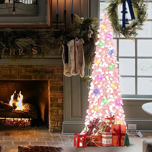 Miniatura 2 de MACTING Árbol de Navidad de oropel desplegable de 5 pies con luces, árbol de lápiz costero brillante de fácil montaje para el hogar, fiestas,