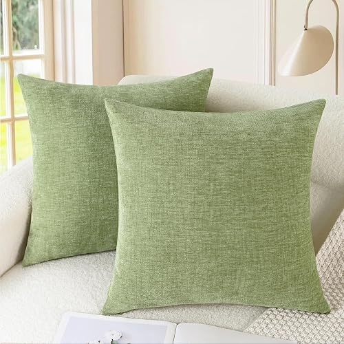 CaliTime Decorative Couch Throw Pillow Covers 18 X 18 Inches Sage Green | Pack of 2, Cozy Chenille Cushion Cases for Sofa Bed Living Room Farmhouse Home
