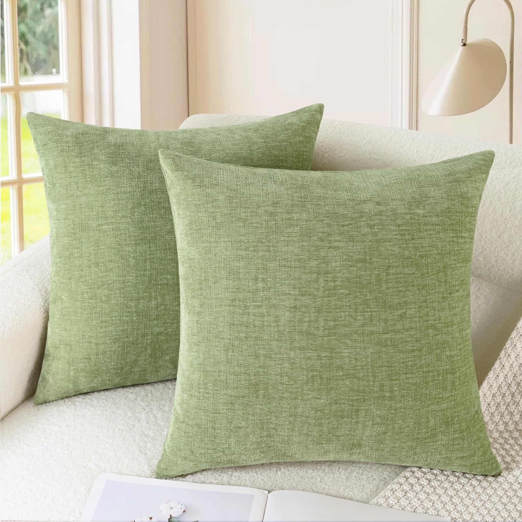 CaliTime Pack of 2 Cozy Throw Pillow Covers Cases for Couch Sofa Home Decoration Solid Dyed Soft Chenille 16 X 16 Inches Sage