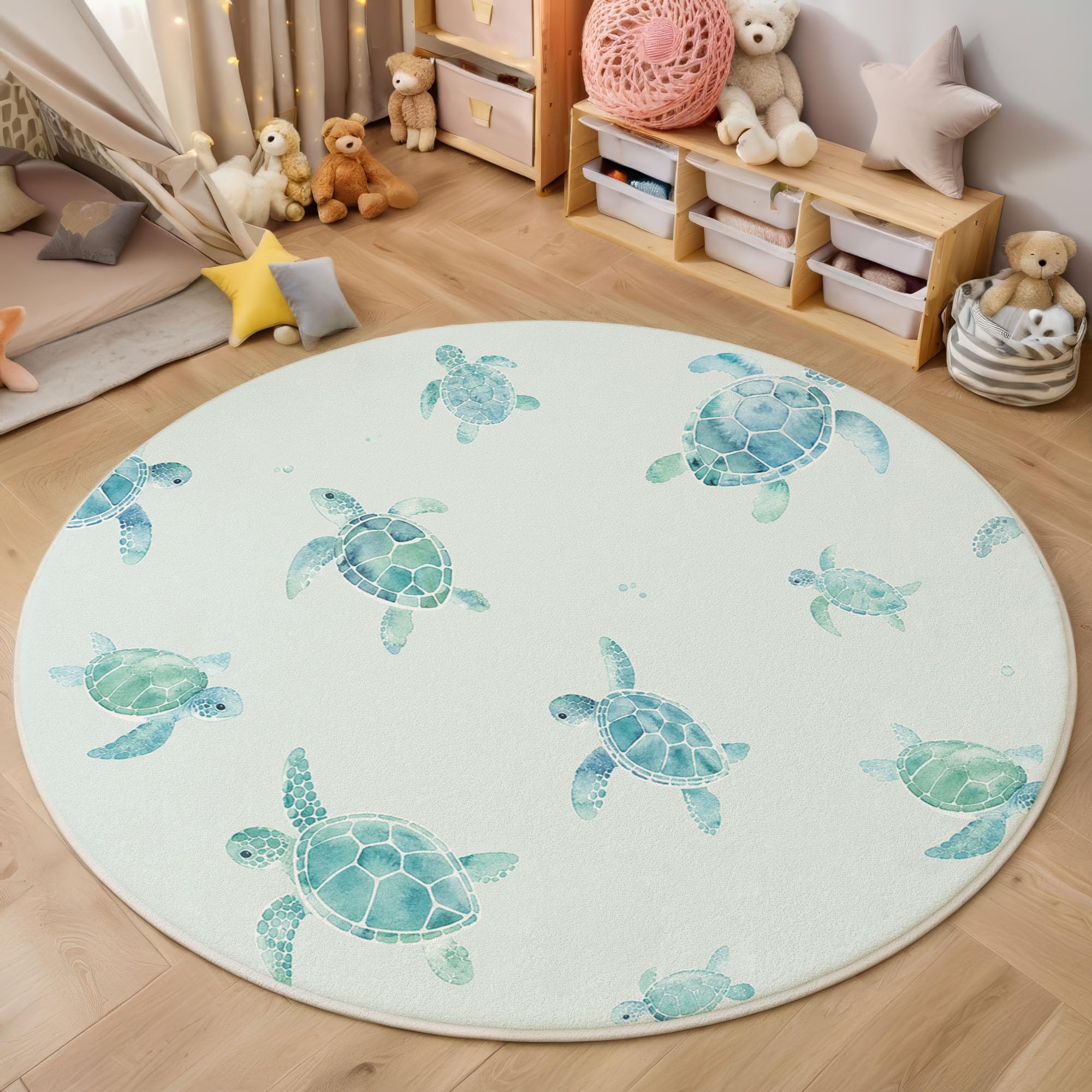Tapis chambre enfant tortue marine aquarelle douce et lavable