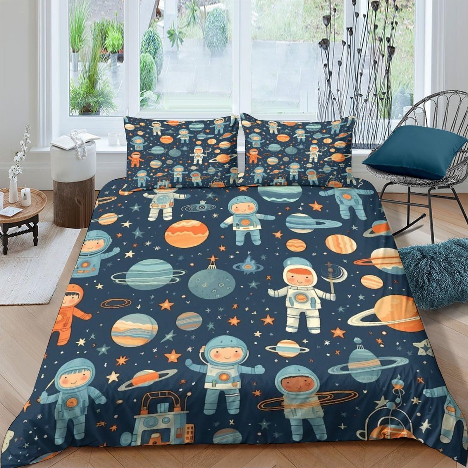 GPLZQXKJNH 3D Printed Space Astronaut Duvet Cover Microfiber Kids Bedding Set with 2 Pillowcases for Bedroom Decor Planets Universe Single（135x200cm）