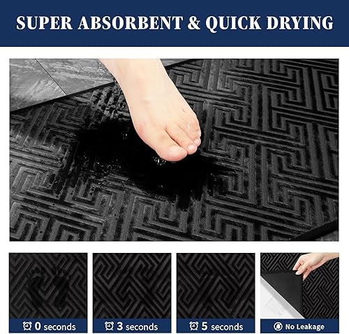 Miniatura 3 de YIHOUSE Alfombras de baño negras de 17 x 24 pulgadas, de secado rápido, antideslizantes, absorbentes, lavables a máquina, alfombra de baño fina