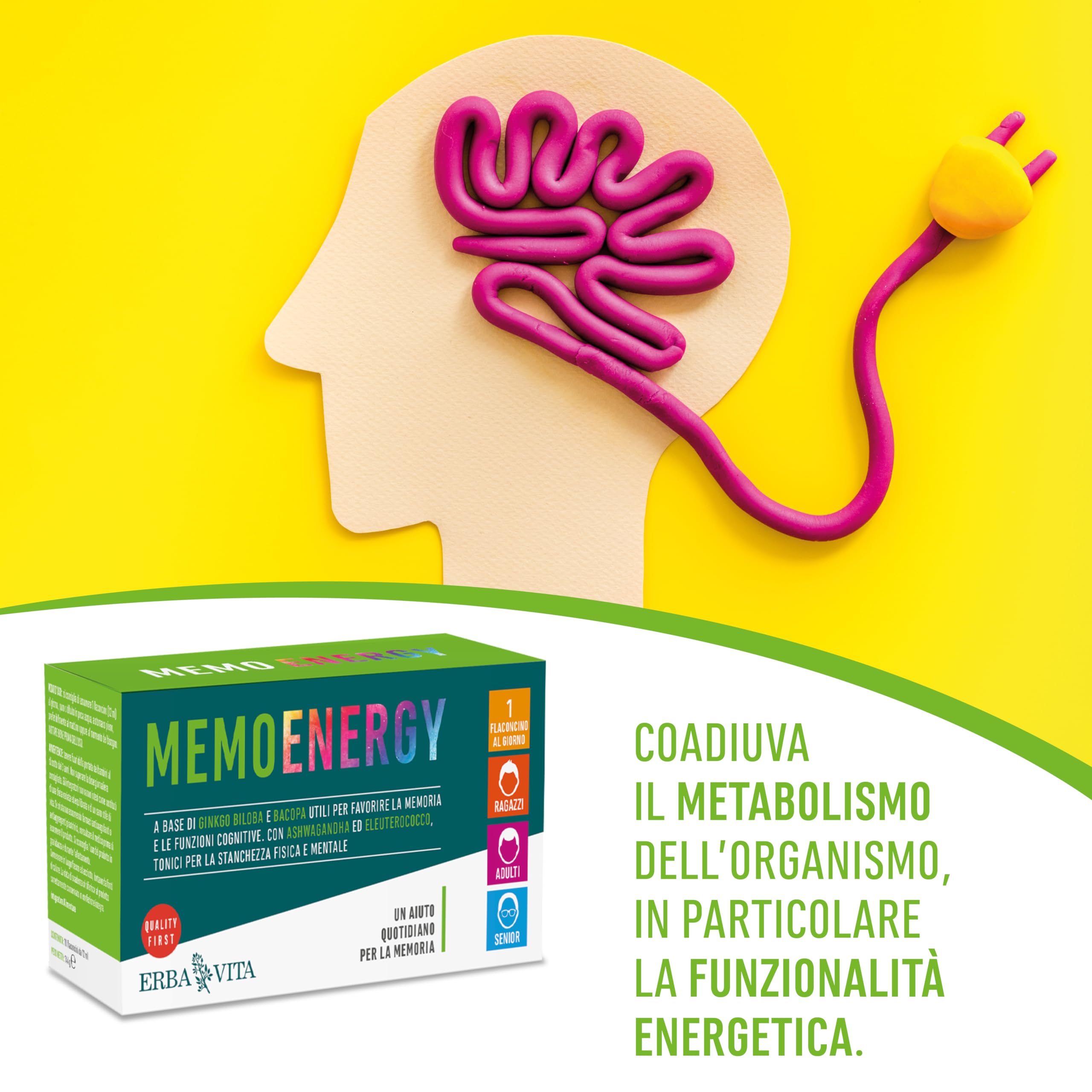 ERBA VITA Memo Energy Flaconcini integratore alimentare a base di Ginkgo Biloba e Bacopa utili per favorire la memoria e funzioni congnitive - Formato 10 Flaconcini