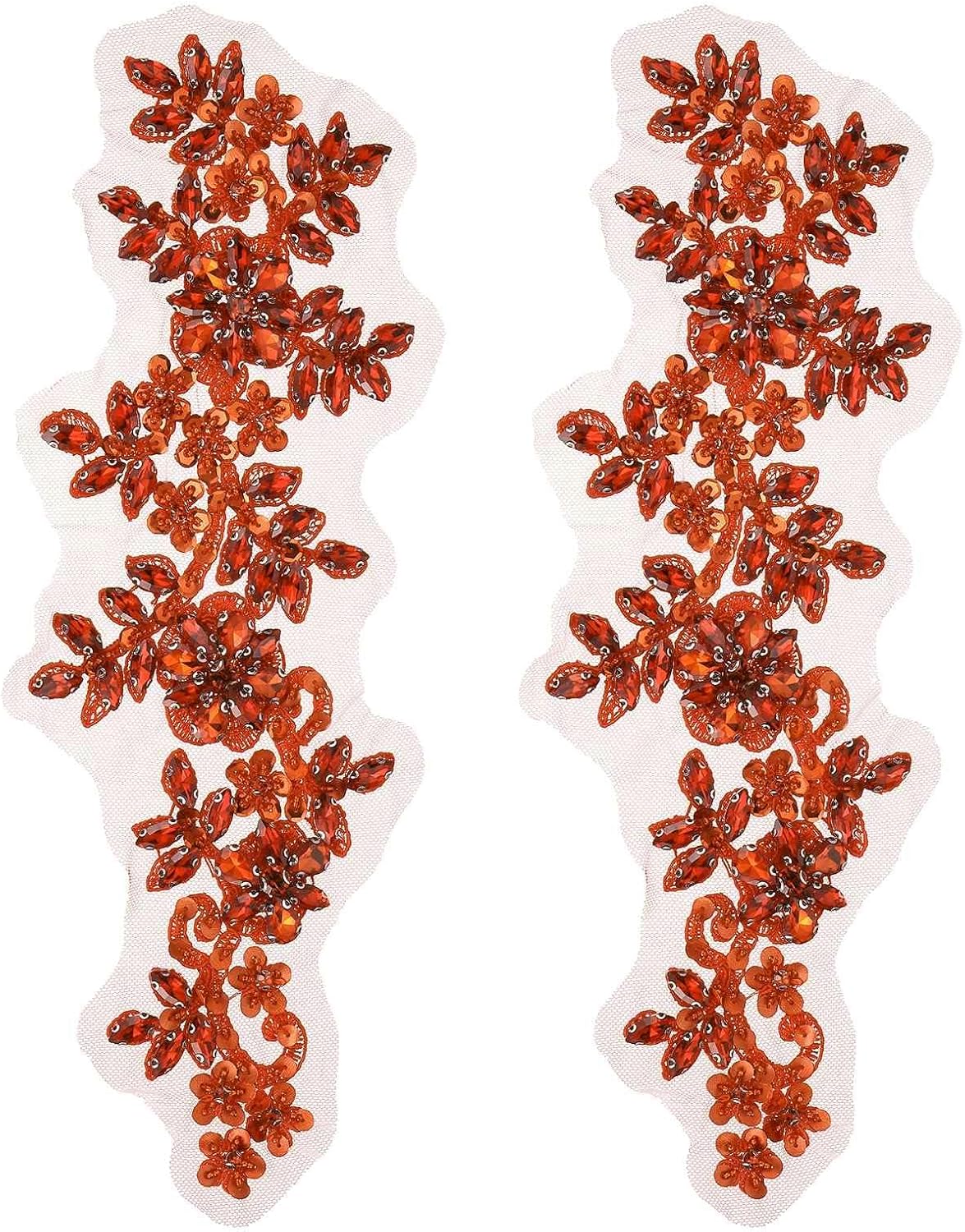 MECCANIXITY 2Pack Rhinestone Applique Patches, 13 x 4 Inches Orange Lace Embroidery Patches Sew on Rhinestone Beaded Sequins for Sewing Making Dresses Wedding Banquet Evening Gown Decoration