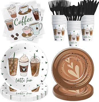 APOWBLS Coffee Party Decorations Tableware - Latte Fun Coffee Coffee Birthday Party Supplies, Paper Plate, Cup, Napkin, Disposable Cutlery | Serves 24