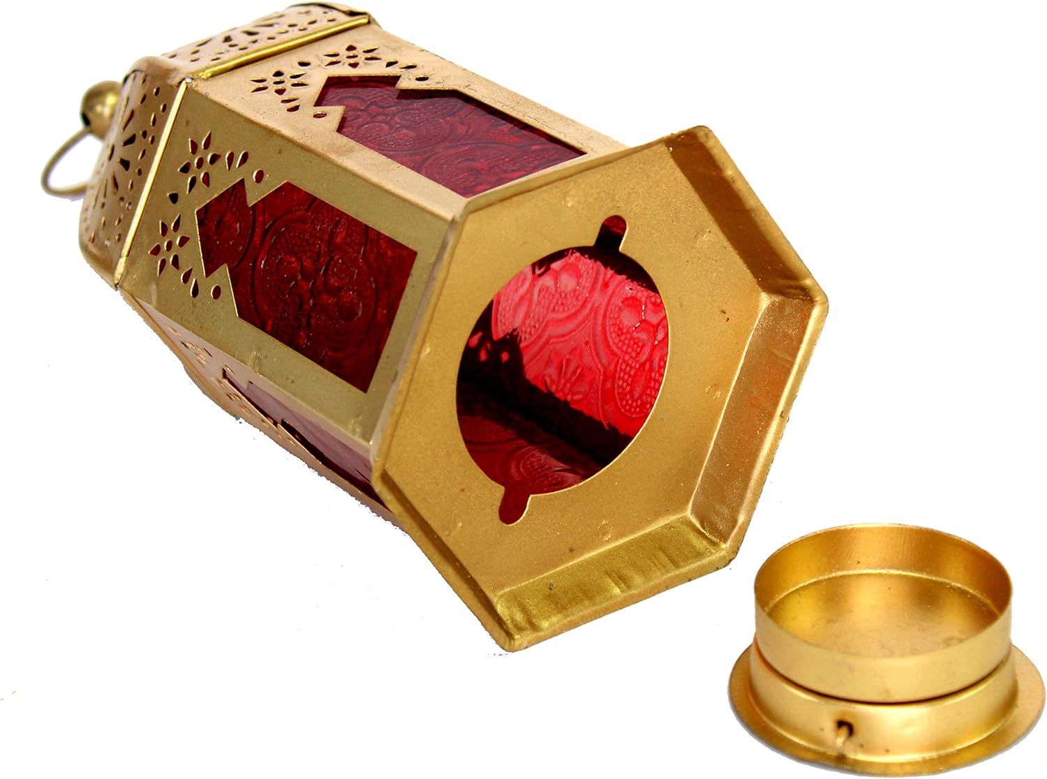 eSplanade Moroccan Lantern | Colored Glass Hanging Lamp - Set of 2 | Tealight Holder | Home Decor | Red-Golden - 6.5" Inches (Red-Golden)