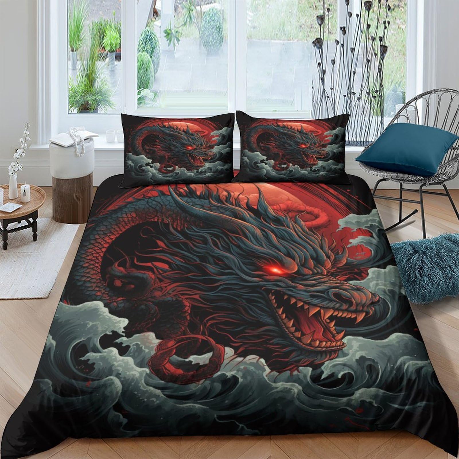 GPLZQXKJNH 3D Printed Black Dragon Duvet Cover Microfiber Soft Breathable Red Eye Bedding Set with 2 Pillowcases for Bedroom Decor Single（135x200cm）