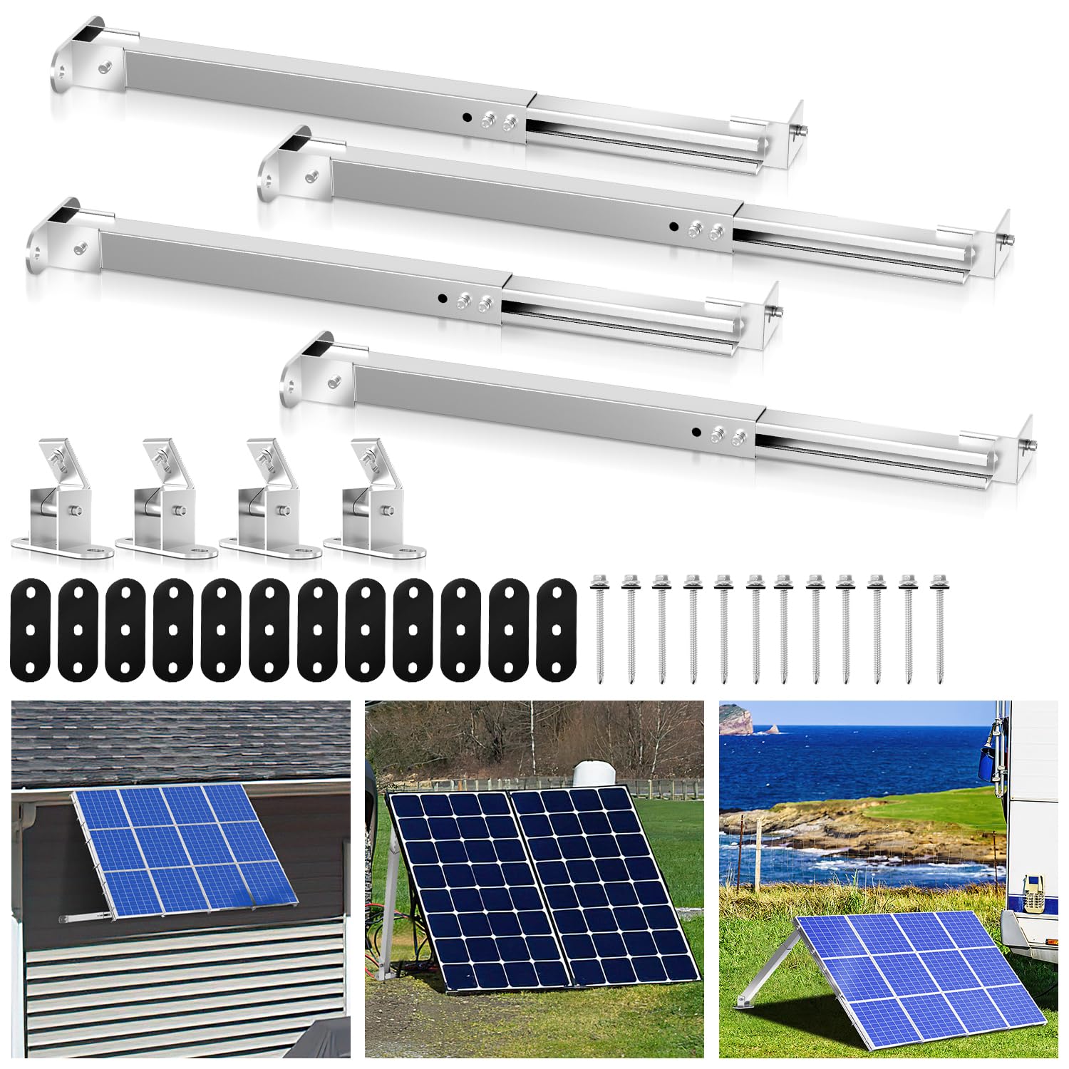 Eulenke Lot de 4 paires de supports de panneau solaire, pour centrale de balcon, toit plat, angle réglable de 0 à 60 °, support pour panneau solaire, PV, photovoltaïque, fixation de panneau solaire