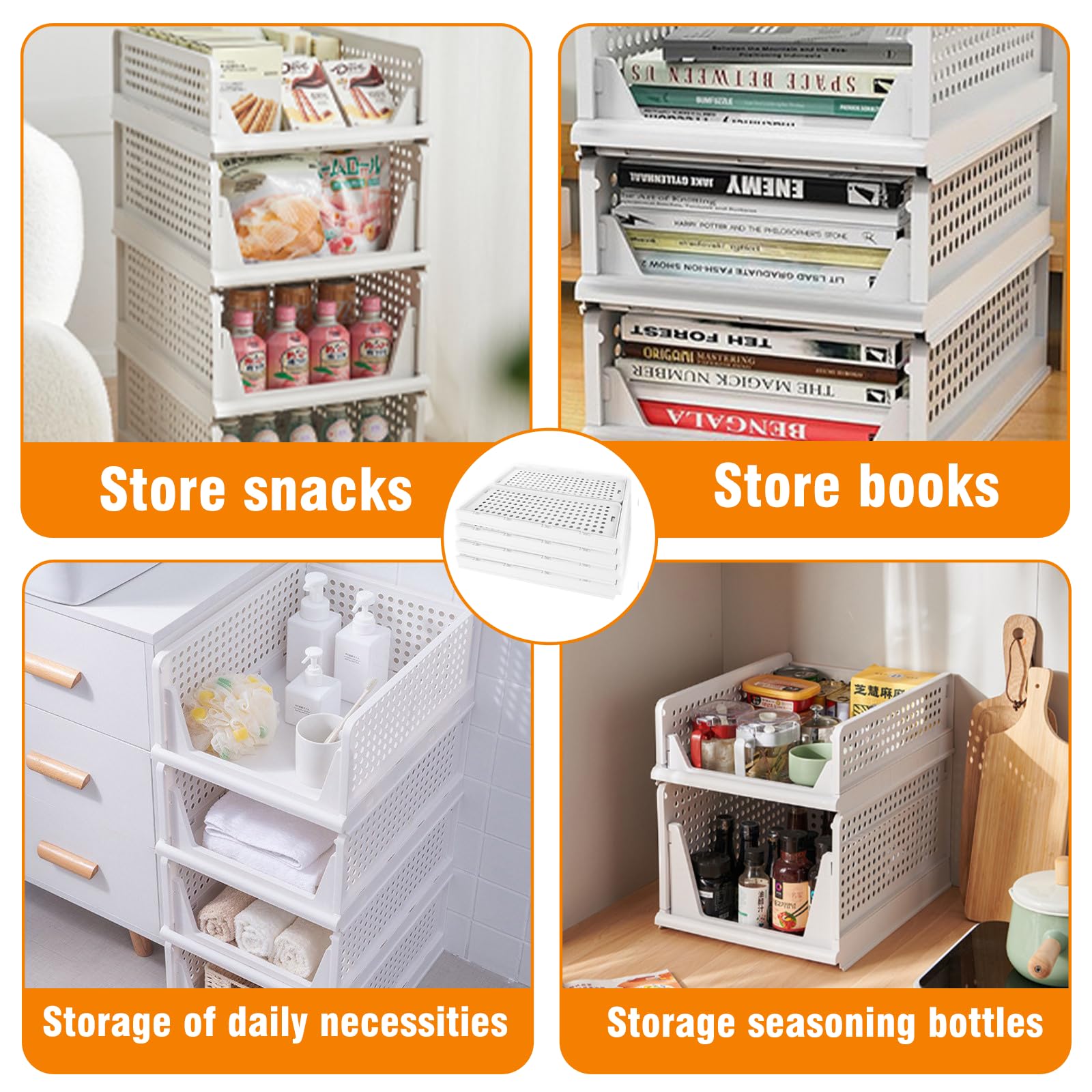 4 Piezas Organizador Armario Apilable, Cajas Almacenamiento Plastico Plegable, Cesta Cajoneras Almacenaje Interior, Organizadores Cajones Ahorra Espacio para Ropa, Cocina, Dormitorio, Baño (Blanco)