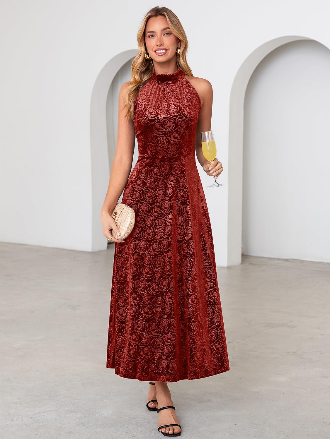 Simplee Fall Velvet Halter Womens Dress Maxi Wedding Guest Cocktail Dresses