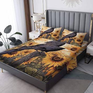 Crow and Sunflower Sheets Queen Sheet Set - Raven Bed Sheets, Soft Microfiber & Deep Pocket & Wrinkle Free Patterned Bedding Sheets & Pillowcases, 1 Fitted Sheet, 1 Flat Sheet, 2 Pillow Cases