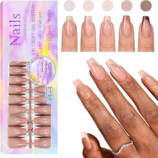CHANGAR French Gel Nail Tips, 150Pcs Coffin Tip Press on Nails with Pre-applied Primer & Base Coat - Brown Trapezoid