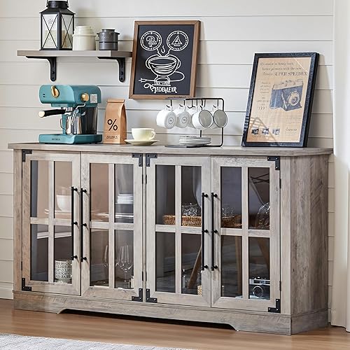 AMERLIFE Aparador de buffet de 63 pulgadas con almacenamiento, gabinete moderno de granja con 4 puertas de vidrio y estante ajustable, armario de