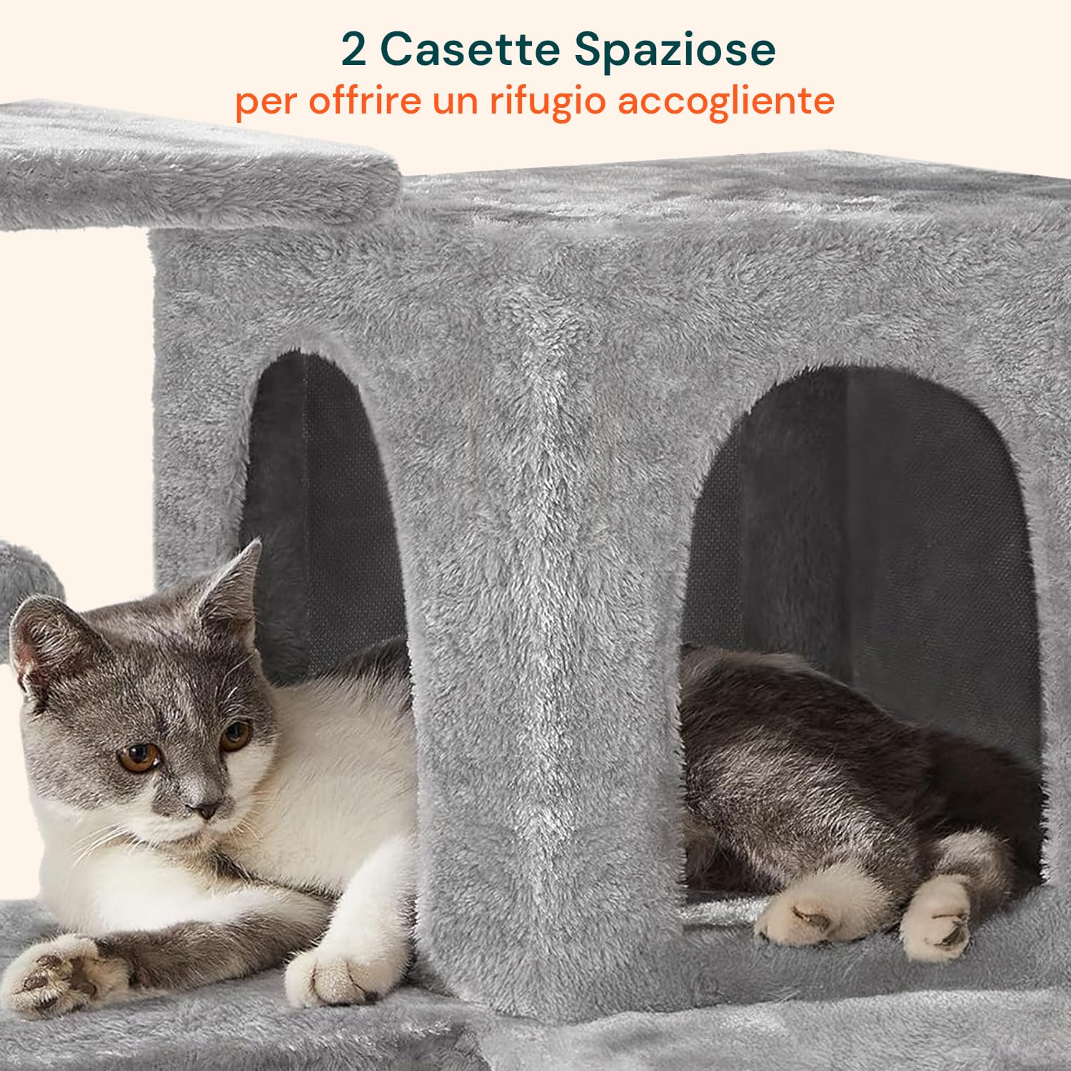 Tiragraffi XXL 170cm con Doppia Cuccia per Gatti Adulti, Albero Giochi in Sisal e Peluche, Piatteforme Relax, Ampio e Sicuro per il Massimo Divertimento dei Gatti Grigio