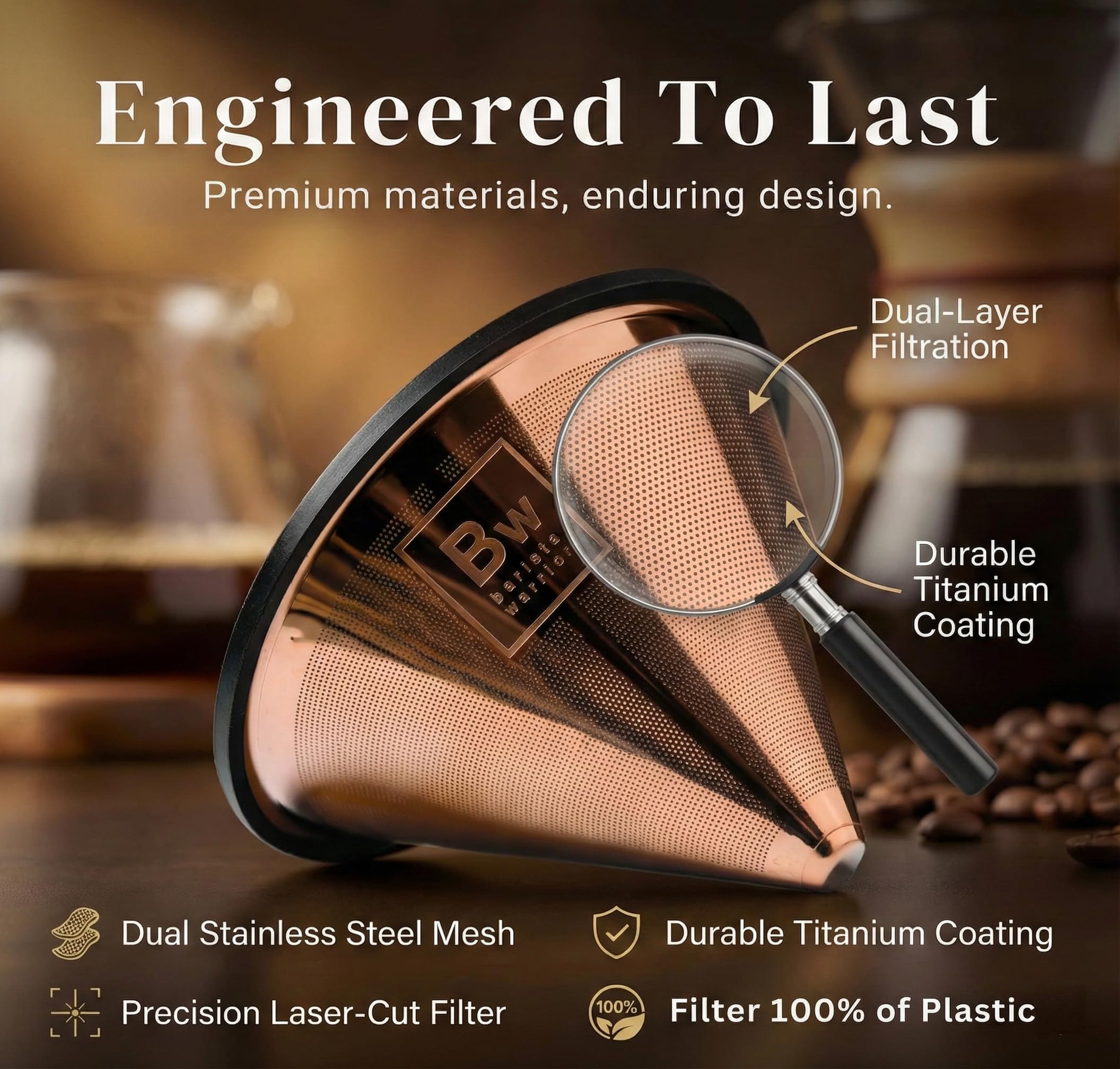 Barista Warrior Wiederverwendbarer Kaffeefilter – Edelstahl zum Übergießen, kompatibel mit Chemex, Hario V60 und Tropfern, leicht zu reinigen, aromatischer Kaffeefilter, feinmaschig, Kupfer