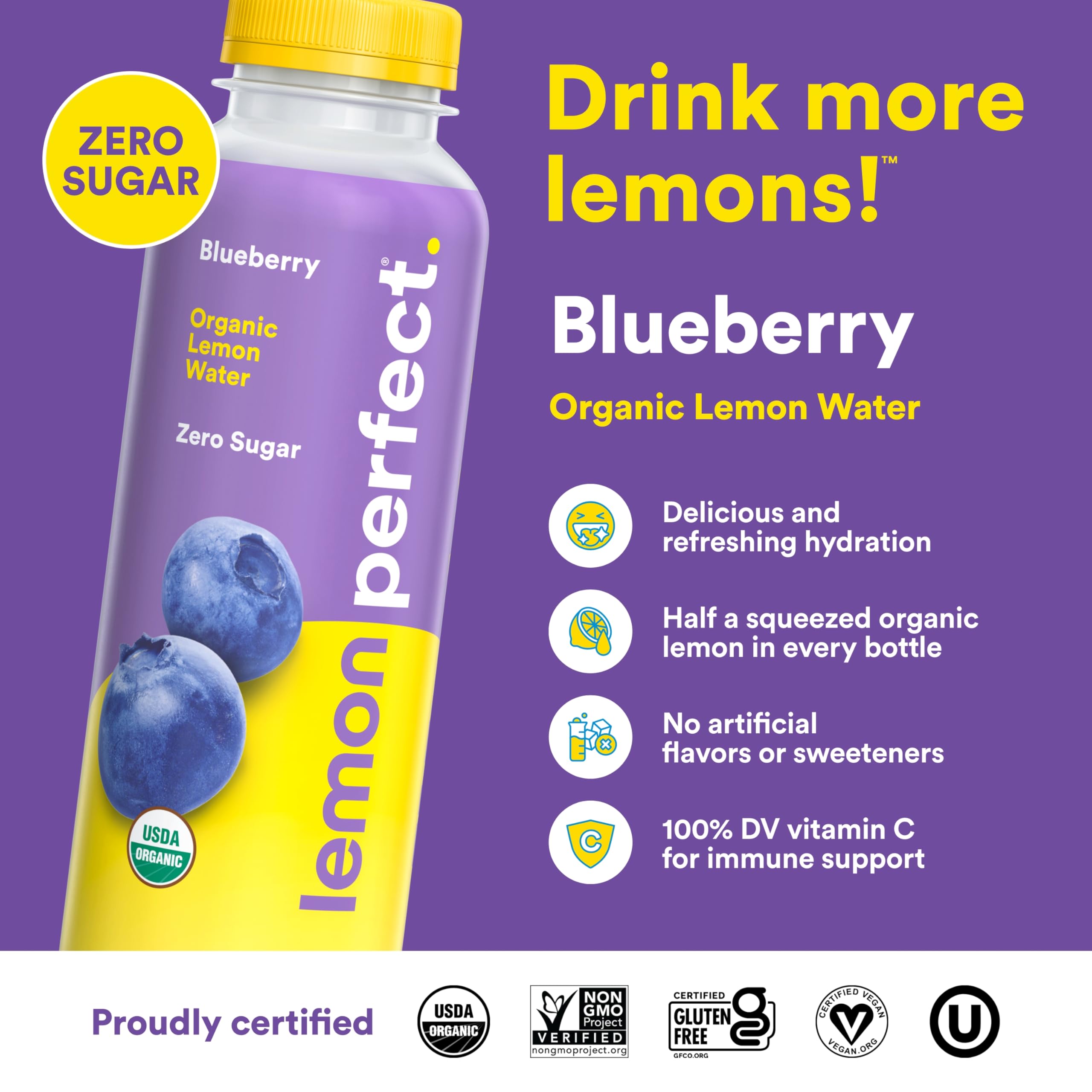 Lemon Perfect Blueberry, Hydrating Flavored Lemon Water, Zero Sugar, Delicious and Refreshing, Organic, 15.2 fl oz Bottle