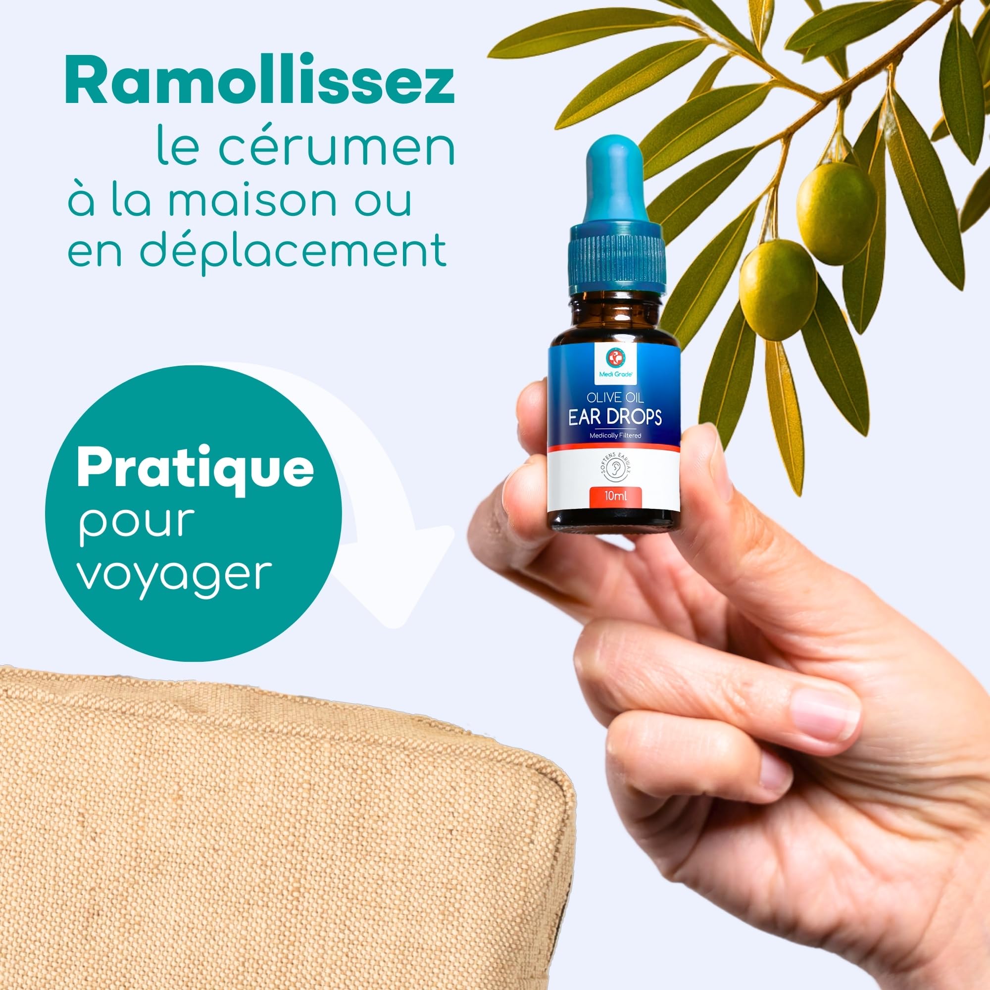 Medi Grade Gouttes Oreilles Huile d'Olive 100% Pure Qualité Médicale Flacon Compte Gouttes10 mL - Fluidifie Élimine Cerumen Oreille - Gouttes Auriculaires Efficaces - Soulagement Rapide