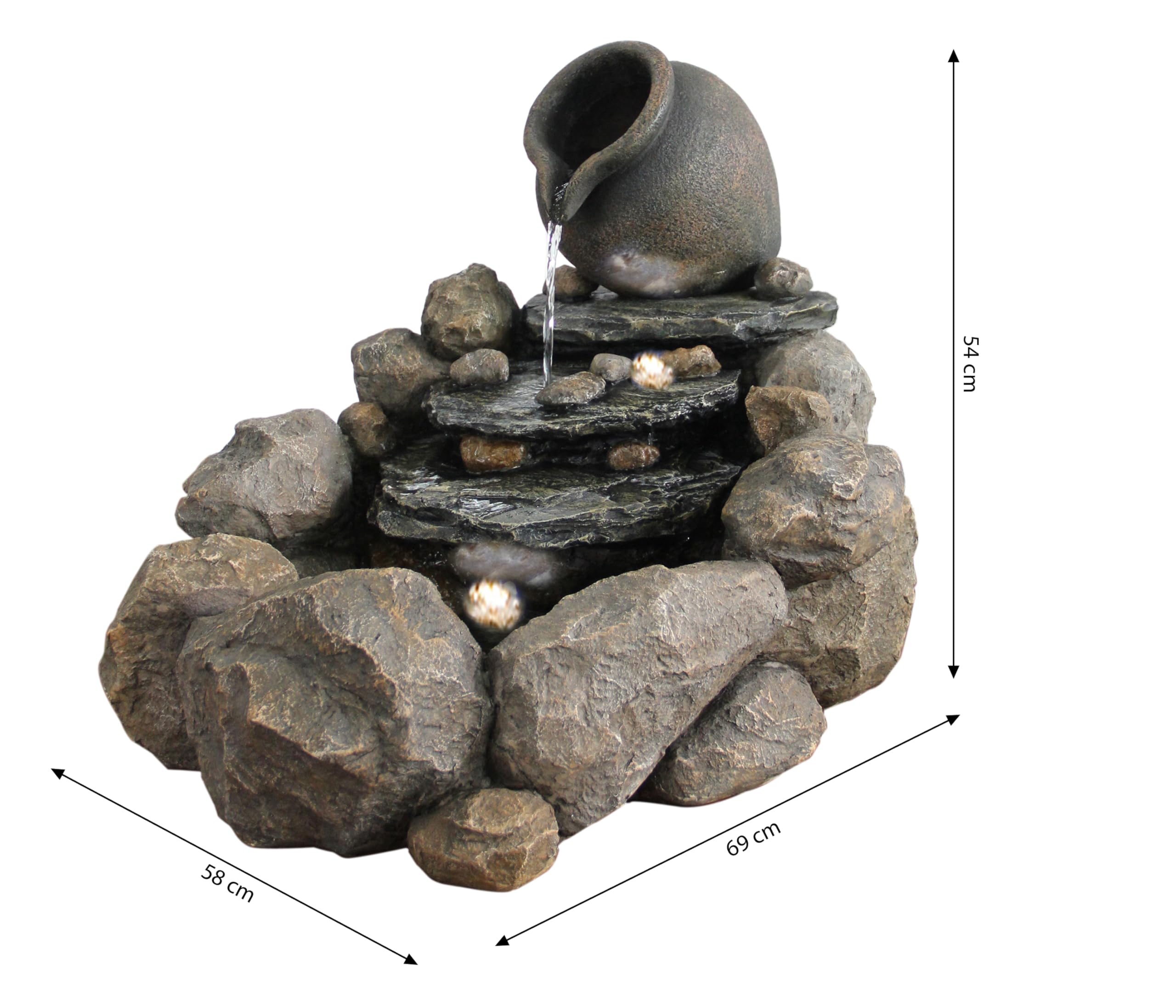 Dehner Gartenbrunnen Soltero, Outdoor-Brunnen, mit LED-Beleuchtung, solarfähig, ca.69x54x57,8 cm, Polyresin, grau