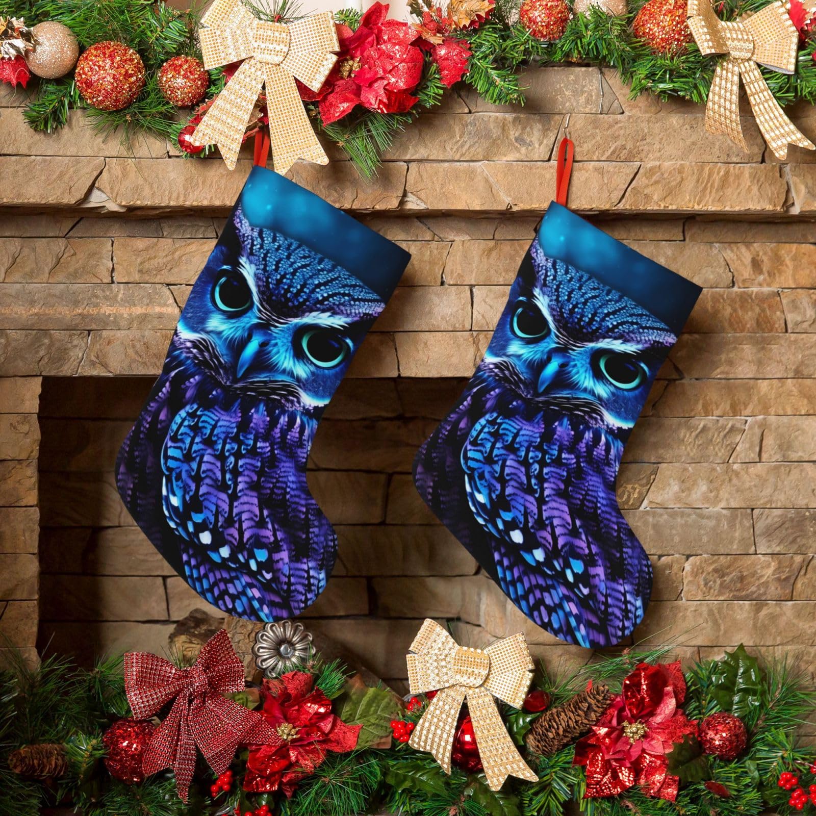 KLOPH Christmas Stockings 18" Personalized Xmas Stocking Blue Owl Decoration Stocking Hanging Fireplace Stocking for Holiday Xmas Tree Christmas Fireplace Decor