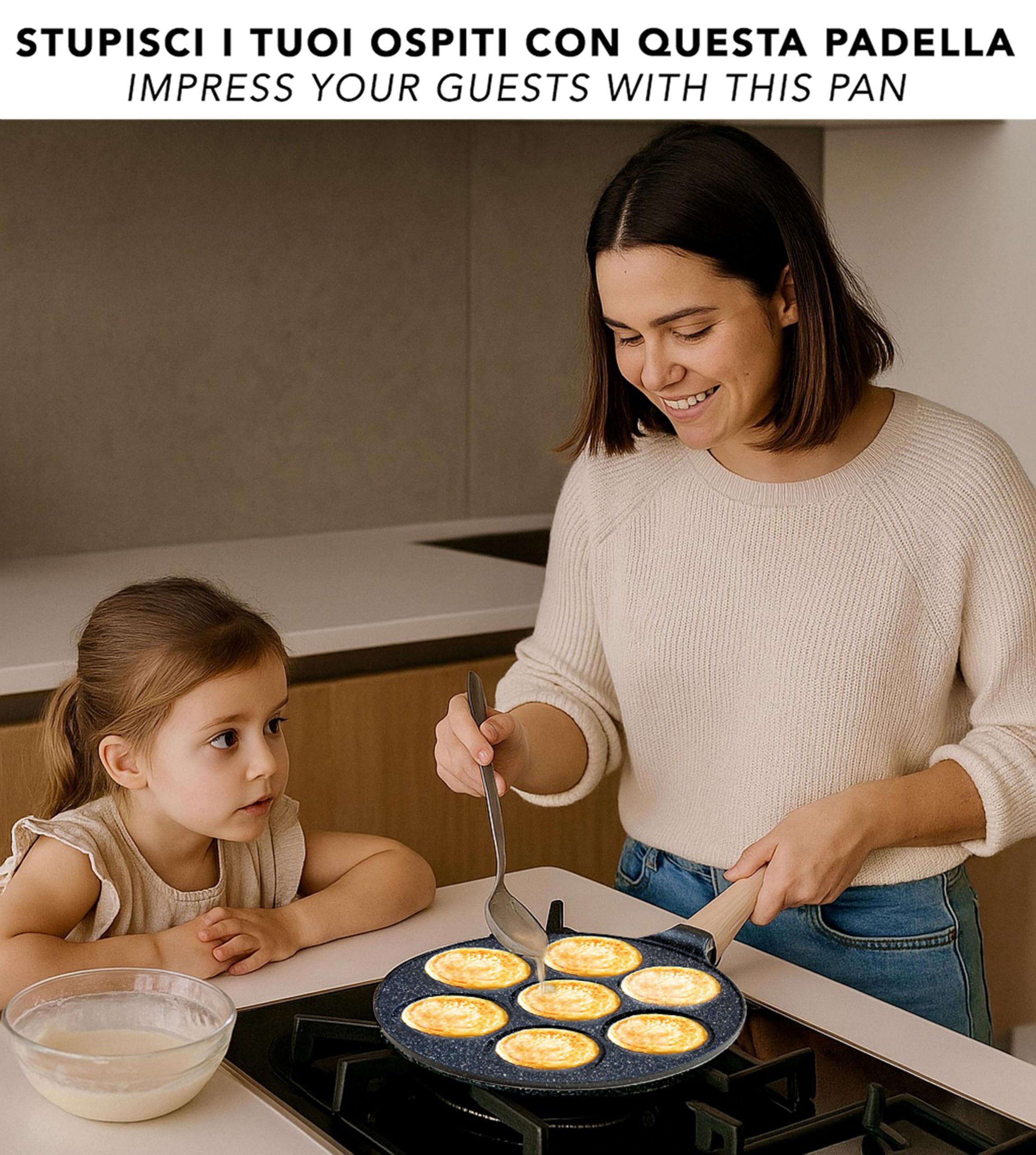 IPEA Padella Pancake Antiaderente per Induzione e Gas - Anti Aderente in Alluminio Per Frittata, Crepes, Uova, Hamburger - Padella da Cucina con 7 Stampi - Manico Comfort - 29 x 26,5 cm