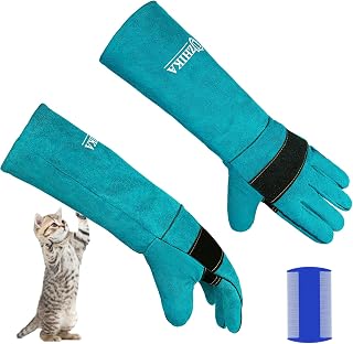 Uzhika 17.7" Bite Resistant Animal Handling Gloves - Anti-Scratch Leather Protection for Dogs, Cats, Birds, Reptiles & Wild Pets (Blue)