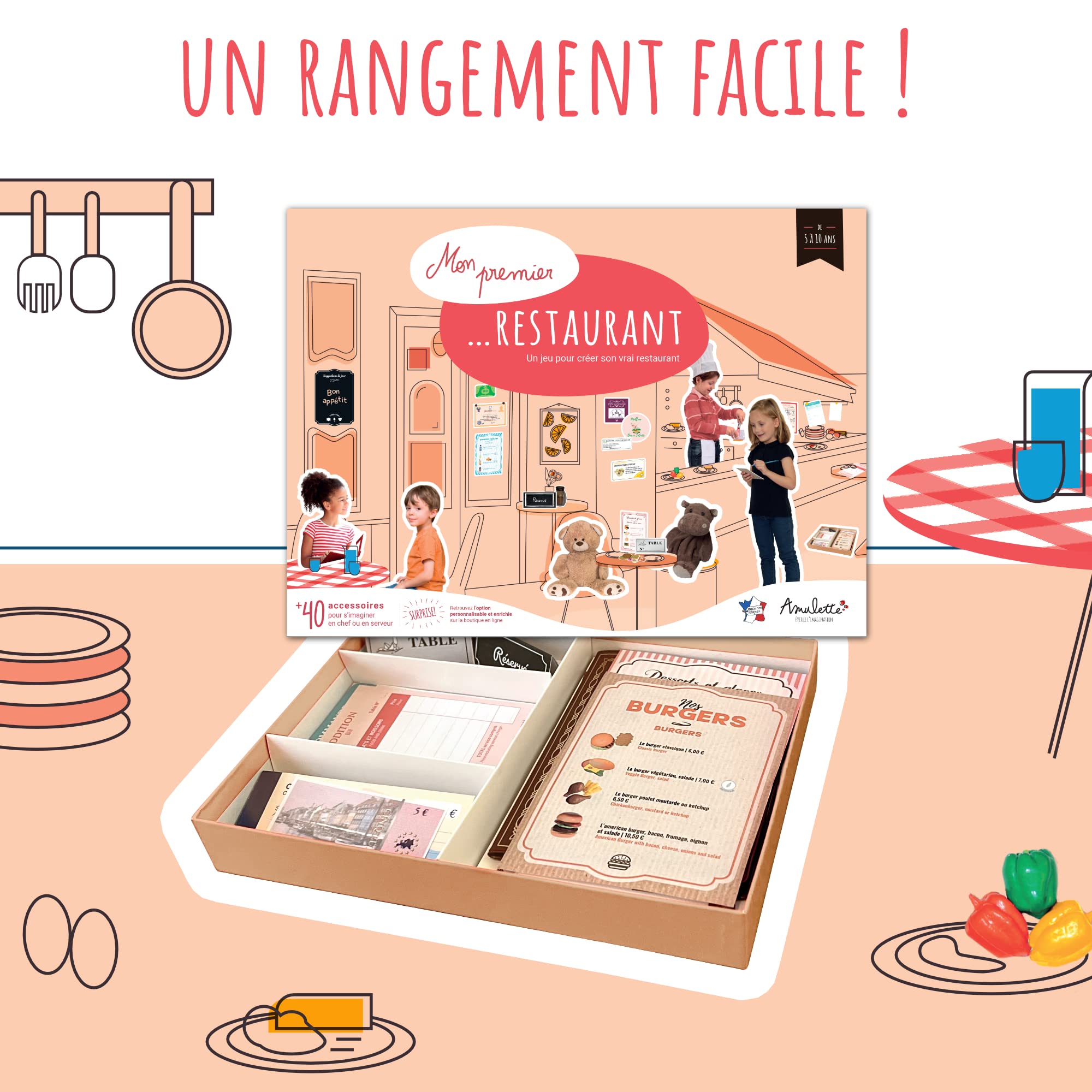 Amulette - Coffret Mon Premier Restaurant - Jeu Éducatif 5 à 10 ans - 40+ Accessoires pour Jouer à Créer son Restaurant - Jouet Cadeau Enfant Fille Garçon Métier Cuisine - Fabriqué en France - CHEF