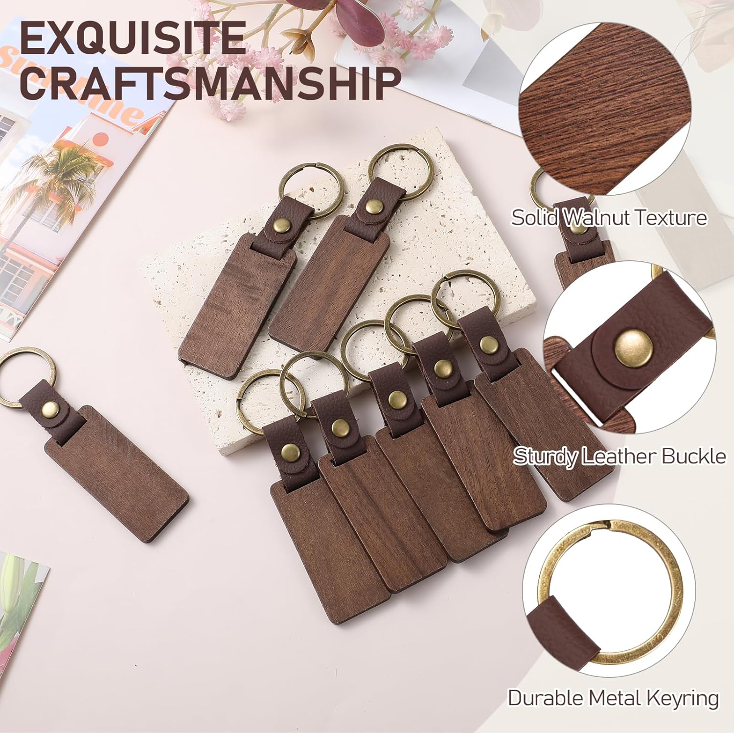 25 Pieces Leather Wood Keychain Blank, Wooden Keychain Blanks with Leather Strap, Unfinished Wooden Keychains for Laser Engraving, DIY Various Key Tags, Wood Crafts Gift - Image 3