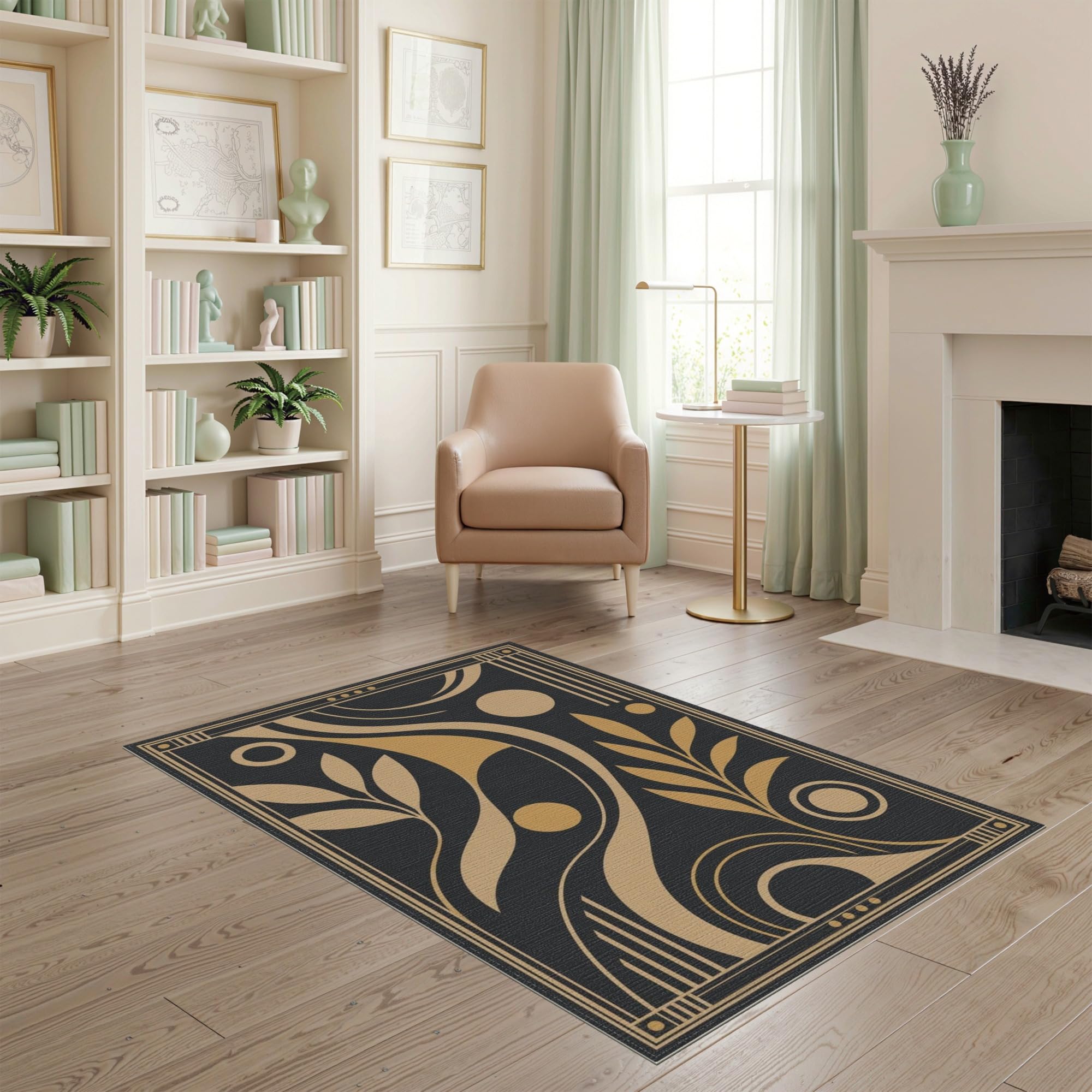 4'x6' Black Gold Art Swirl Leaf Medallion Washable Area Rug Black/Pattern 1 4' x 6' (Rectangular) Flatwoven For High Traffic Area (Low Pile)