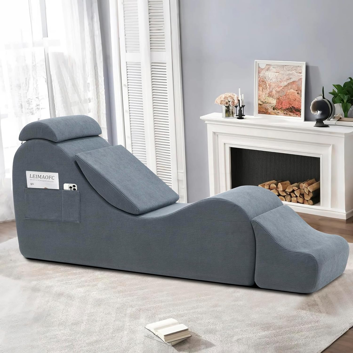 Yoga Chair Lounge for Adult, Ergonomic Chaise Lounge Chair with Side Pocket, Headrest, Waist Pad, Ottoman，Perfect for Stretching, Massage, and Relaxation, Used in Living Room, Bedroom（Dark Gray）