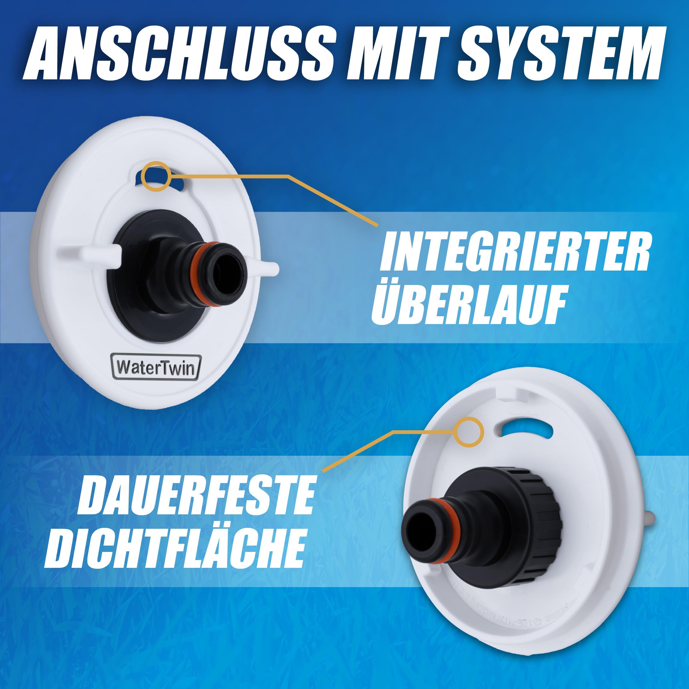 MaJoCompTec® WATERTWIN - Tappo per serbatoio dell'acqua con attacco per acqua | adattatore di riempimento per bocchettone di riempimento acqua | accessorio per camper roulotte (versione ECO + set di