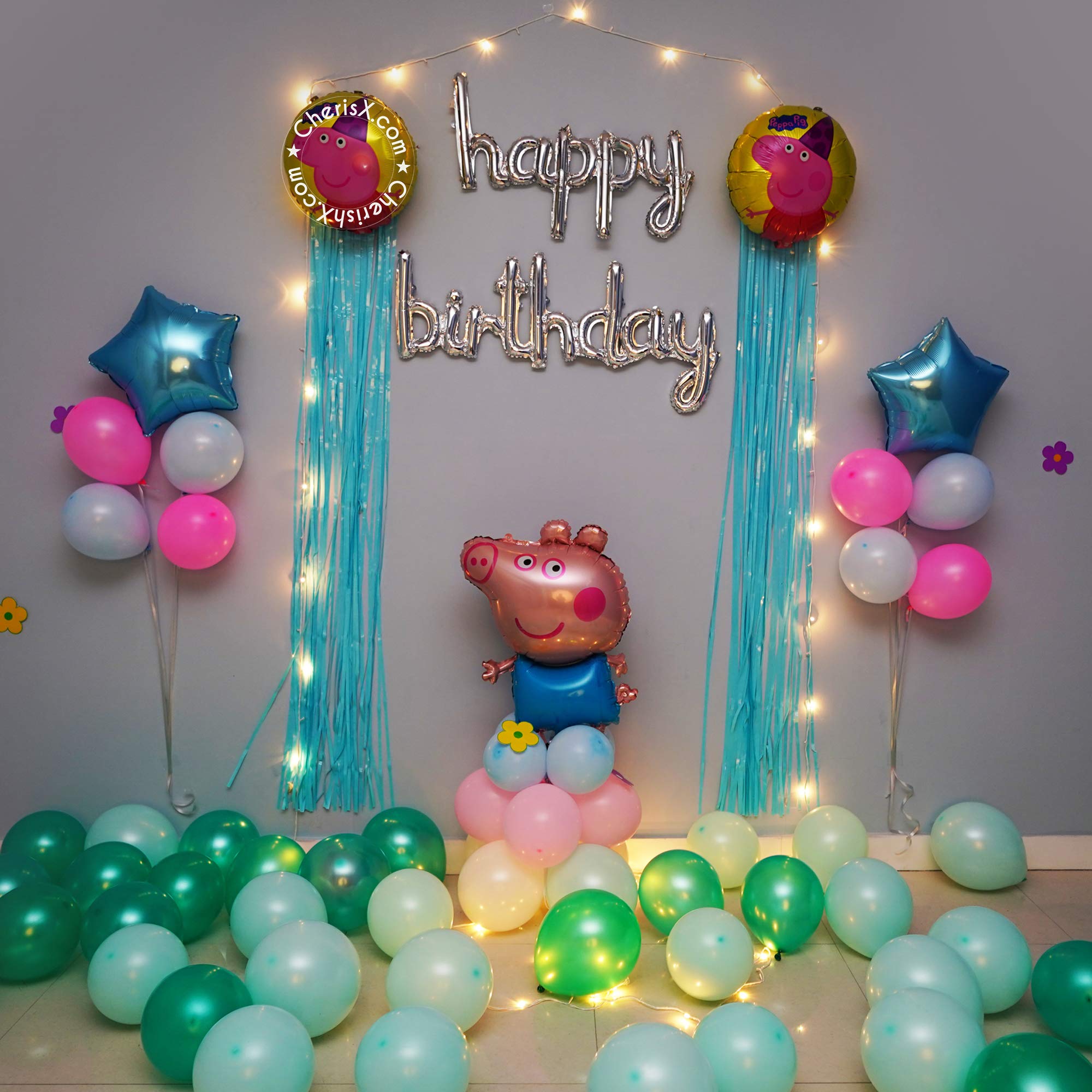 CherishX.Com Peppa Pig Theme Kids Birthday Party Decoration Items - Pack of 65 Pcs - Set of Peppa Pig theme, Cursive Happy Birthday Foil Balloon, Latex, Pastel & Metallic Balloon, LED