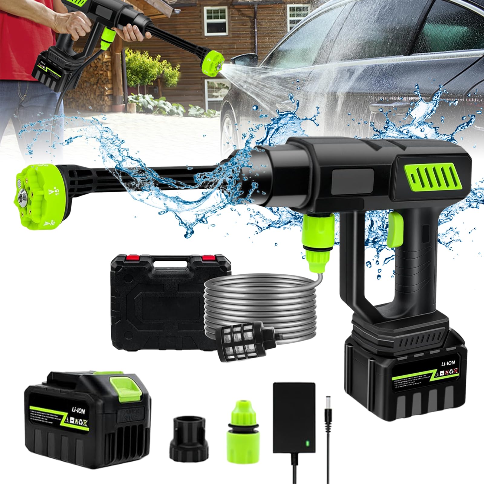 6 en 1 68Bar Hidrolimpiadora Bateria De Alta Presion, 21v 980PSI Pistola De Agua A PresióN PortáTil, 15,000mah, Pistola Agua Presion Bateria para Coche, Pistola Hidrolimpiadora Sin Cable (1 batería)
