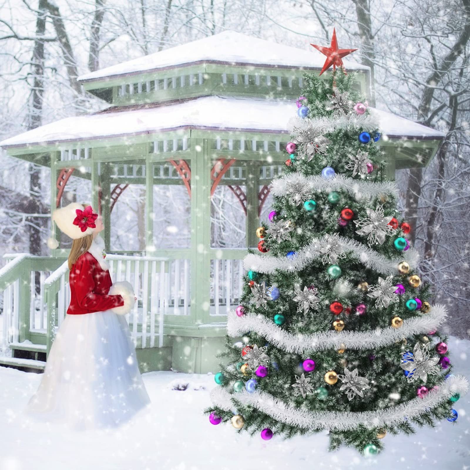 Geosar 24 kerst glitter kunstmatige kerststerren bloemen kerst