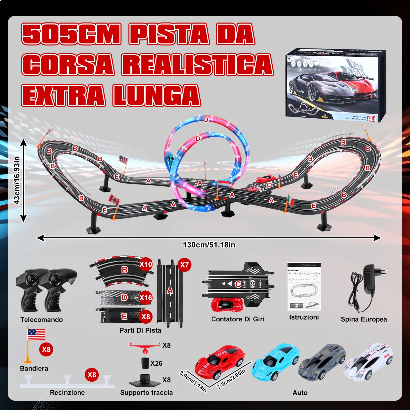 Piste Corsa Elettriche, Illuminato Pista Macchinine Piste Auto Bambini - 4 LED Macchine, Spina, 360° Cerchio, Comandi, Contatore, Piste Corsa Bambini 3 4 5 6 7 8 Anni Giocattoli Regali (L)