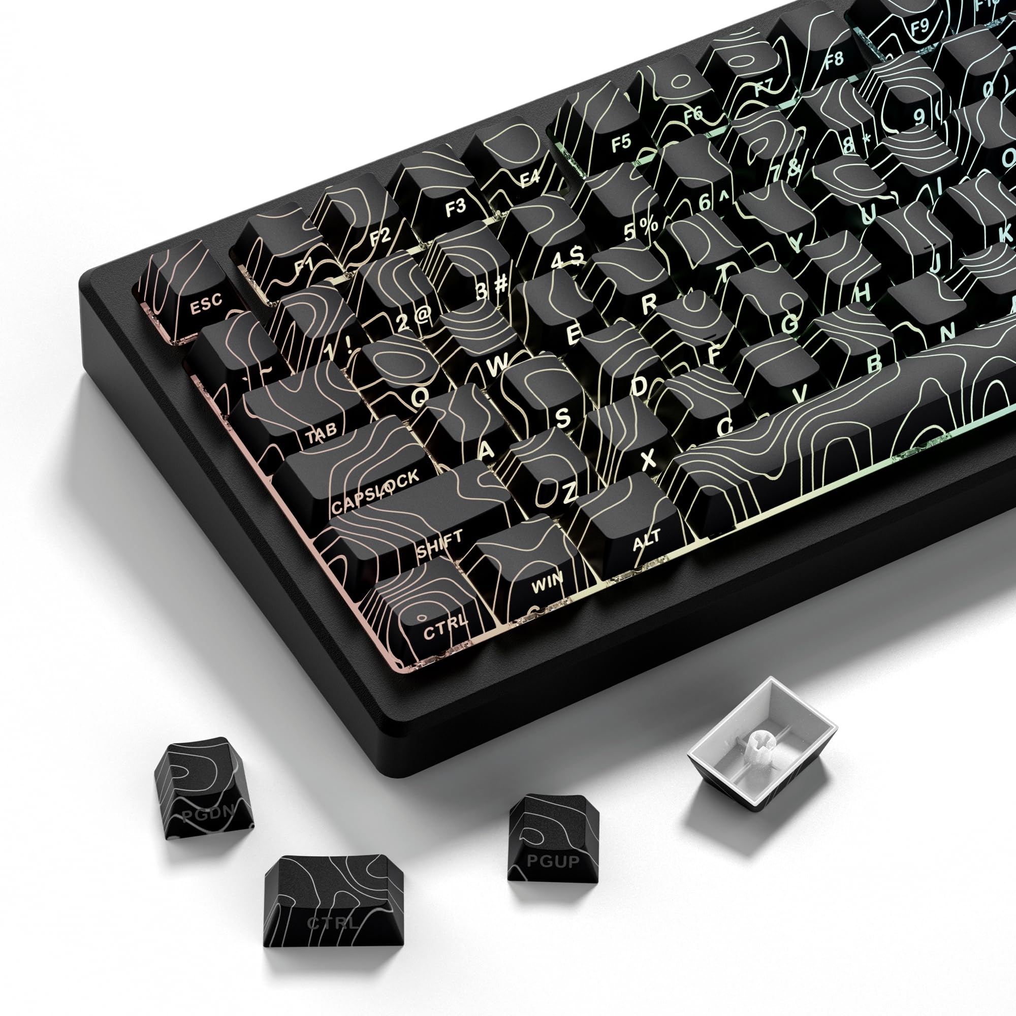 dagaladoo PBT Key caps,Black Topographic keycaps 60 75 100 Percent,Lines Backlit,Shine Through keycap Set,Side Print,Cherry Profile Keyboard caps for100%, 75%, 65%, 60% Keyboard(only keycaps)