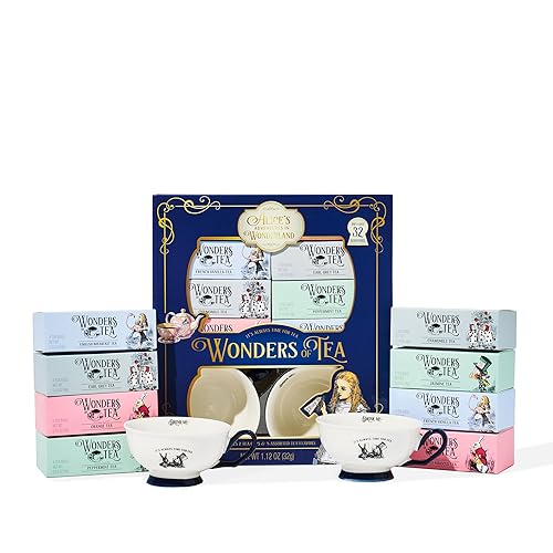 Alice’s Adventures in Wonderland Tea Assortment Gift Set, Includes 2 Ceramic Cups and 32 Tea Bags of Herbal, Black, and Green Tea in Whimsical Book-Shaped Packaging, Set of 34 - Tea Book Gift Set
