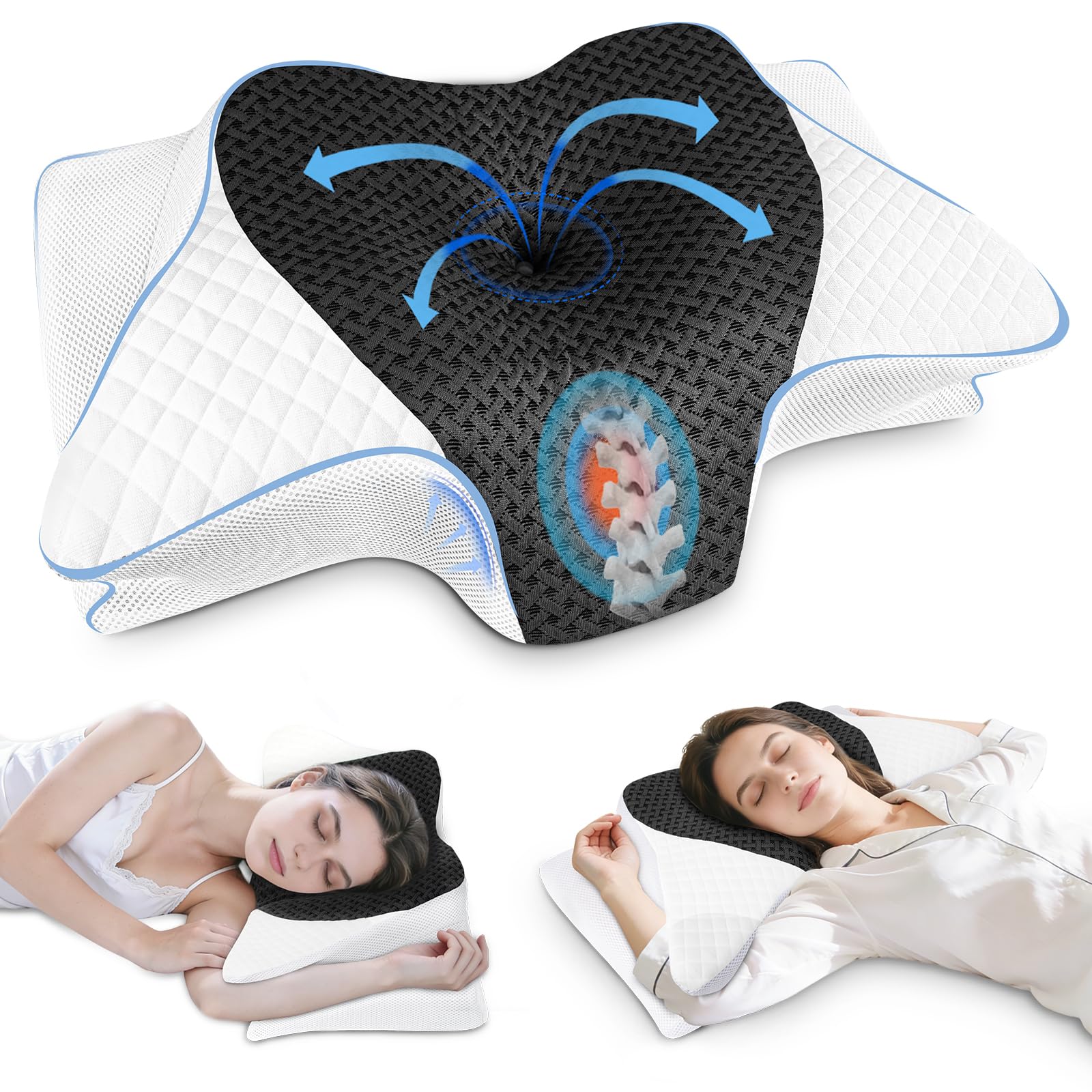 SAHEYER Cervical Pillow for Neck Pain Relief, 2 in 1 Ergonomic Memory Foam Neck Pillow, 2 Heights Adjustable Orthopedic Support Pillow for Side, Back and Stomach Sleepers, 23.6x14x3.9/5.1 inch, Gray
