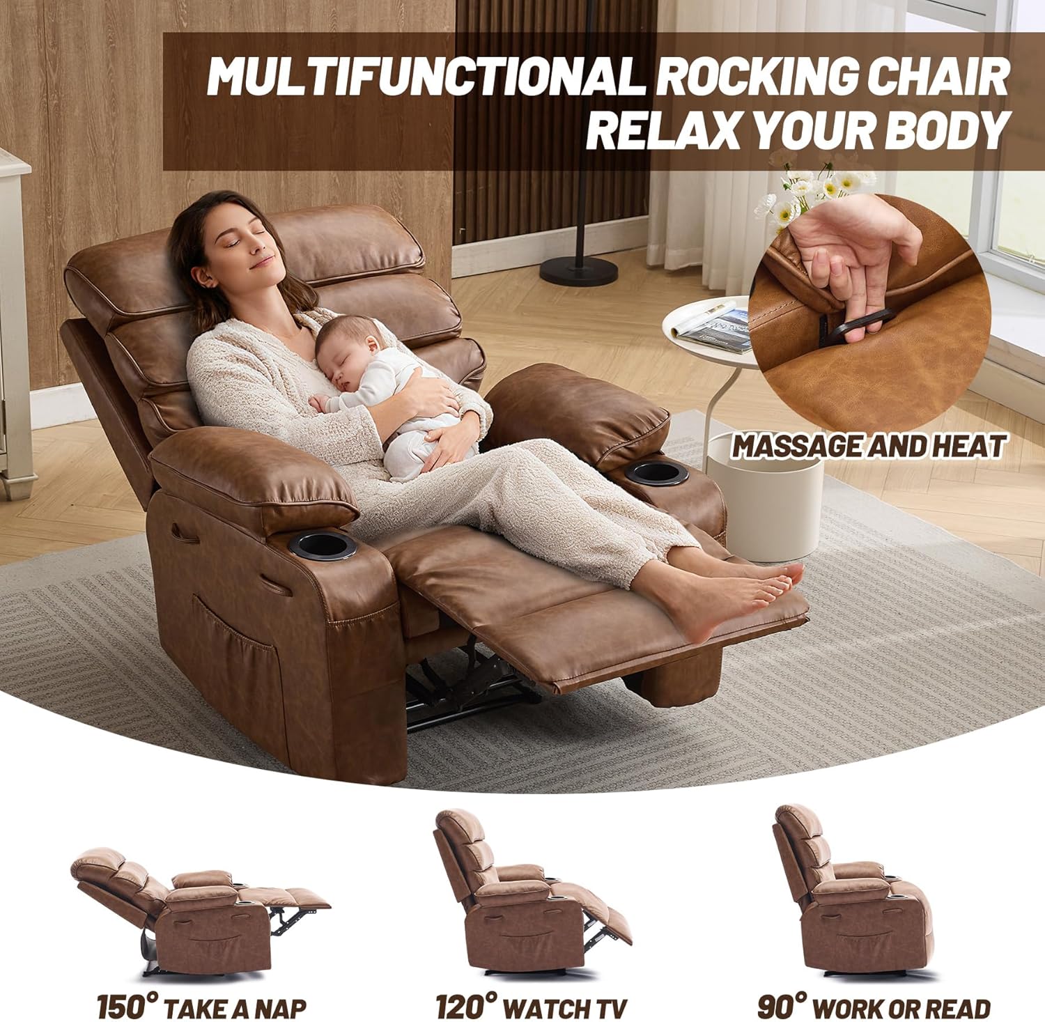 Recliner Chair Modern Ergonomic Lounge Single Sofa,PU Leather Rocker Recliner Chairs with Massage and Heat & Adjustable Backrest and Footrest for Adult,Nursery,Brown