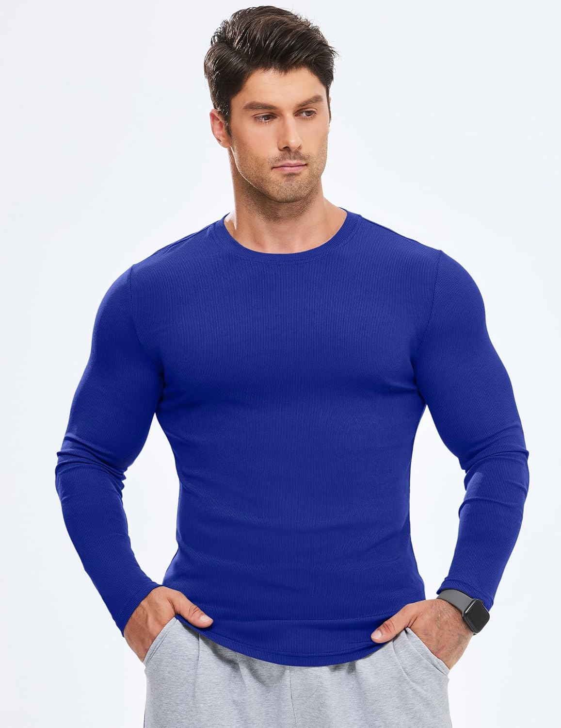 JMIERR Mens Fall Crewneck Shirt Long Sleeve Anti-Wrinkle Casual Muscle T Shirts Longline Ribbed Shirts - Image 6