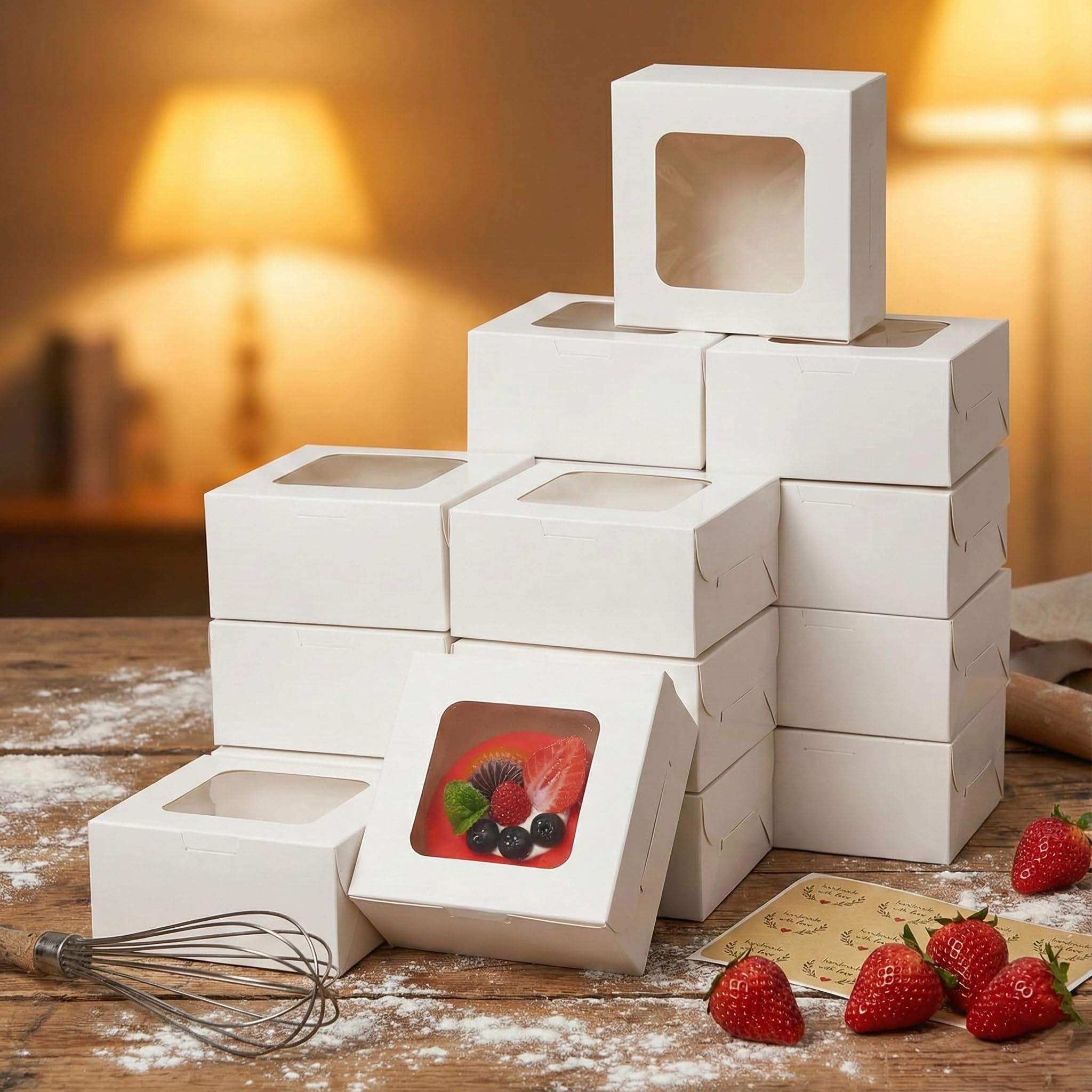 Zzrywuty 50 cajas de galletas blancas de 12,7 x 12,7 x 6,3 cm, cajas de panadería con ventana, mini cajas para tartas, cajas para cupcakes, cajas para galletas, pasteles, donuts, postres