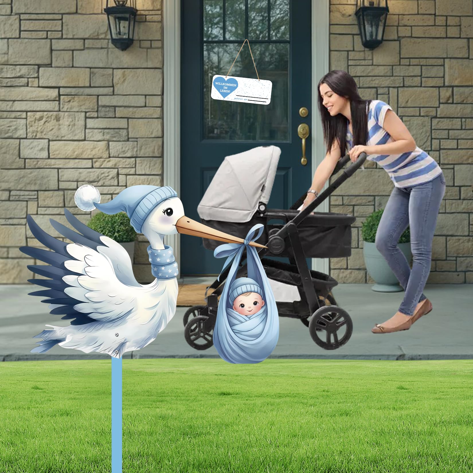 Cigogne à Clapette pour Naissance Bébé Imprimé Sur Deux Faces avec Bâton en Bois Plaque Nominative pour L'intérieur Et L'extérieur Idée Cadeau Naissance (Bleu)