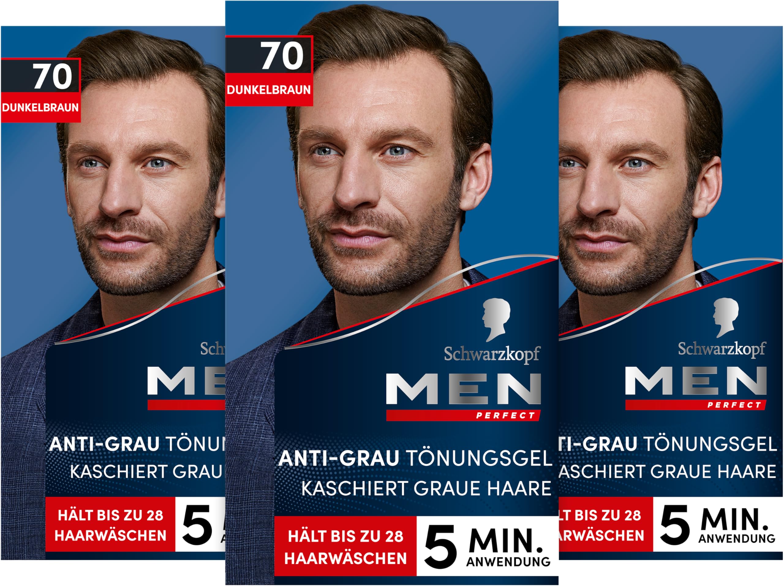 Schwarzkopf Men Perfect Anti-Grau Tönungs-Gel 70 Dunkelbraun (3 x 80 ml), Haarfarbe für Männer blendet graue Haare aus, Anti-Grau Tönung für ein natürlich aussehendes Ergebnis