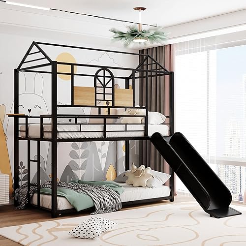 Miniatura 7 de GLCHQ Litera de metal de diseño multifuncional individual sobre individual con escalera tobogán especialmente para dormitorio de niños blanco con