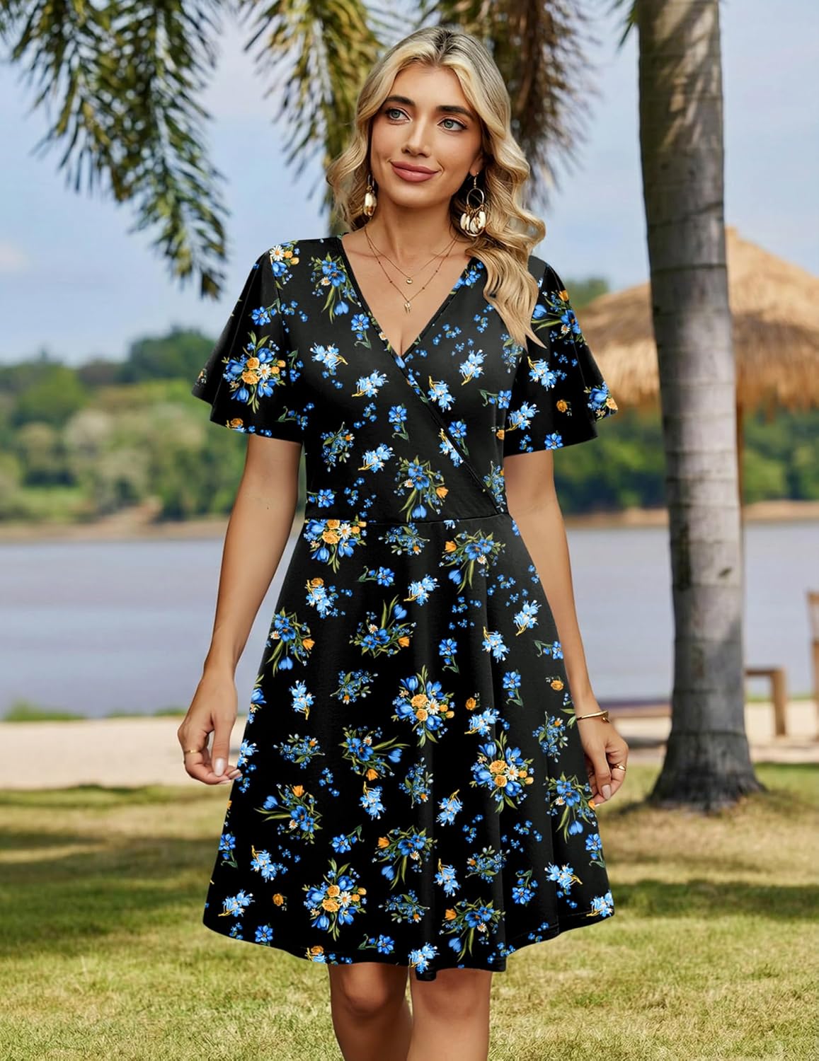 Zeagoo Womens Summer Sundress Ruffle Short Sleeve Casual Dresses V Neck Floral Wrap A-Line Party Dress with Pockets - Image 3